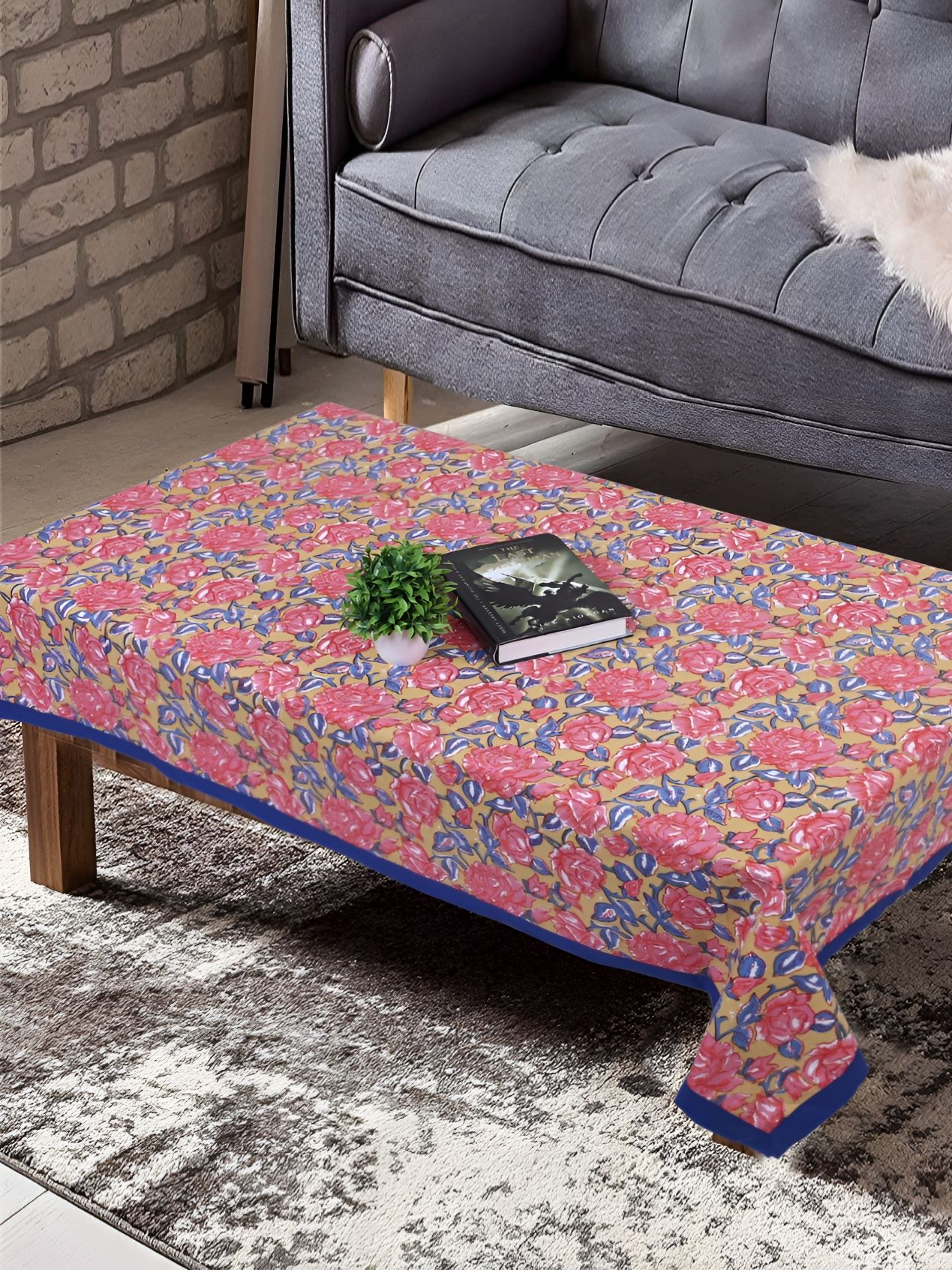 Texstylers Beige & Pink Floral Anti-Slip Cotton 4-Seater Rectangular Table Cover-picture-51