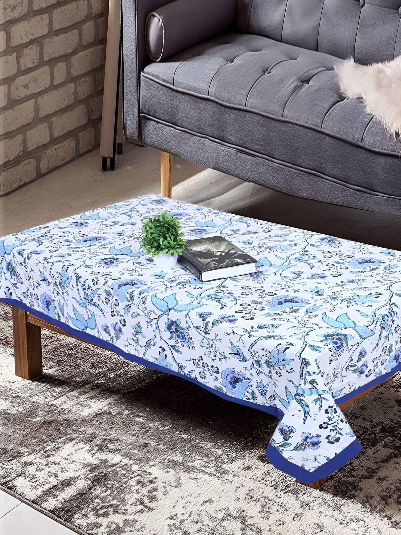Texstylers Blue Floral Anti Slip Cotton 4 Seater Rectangle Table Cover