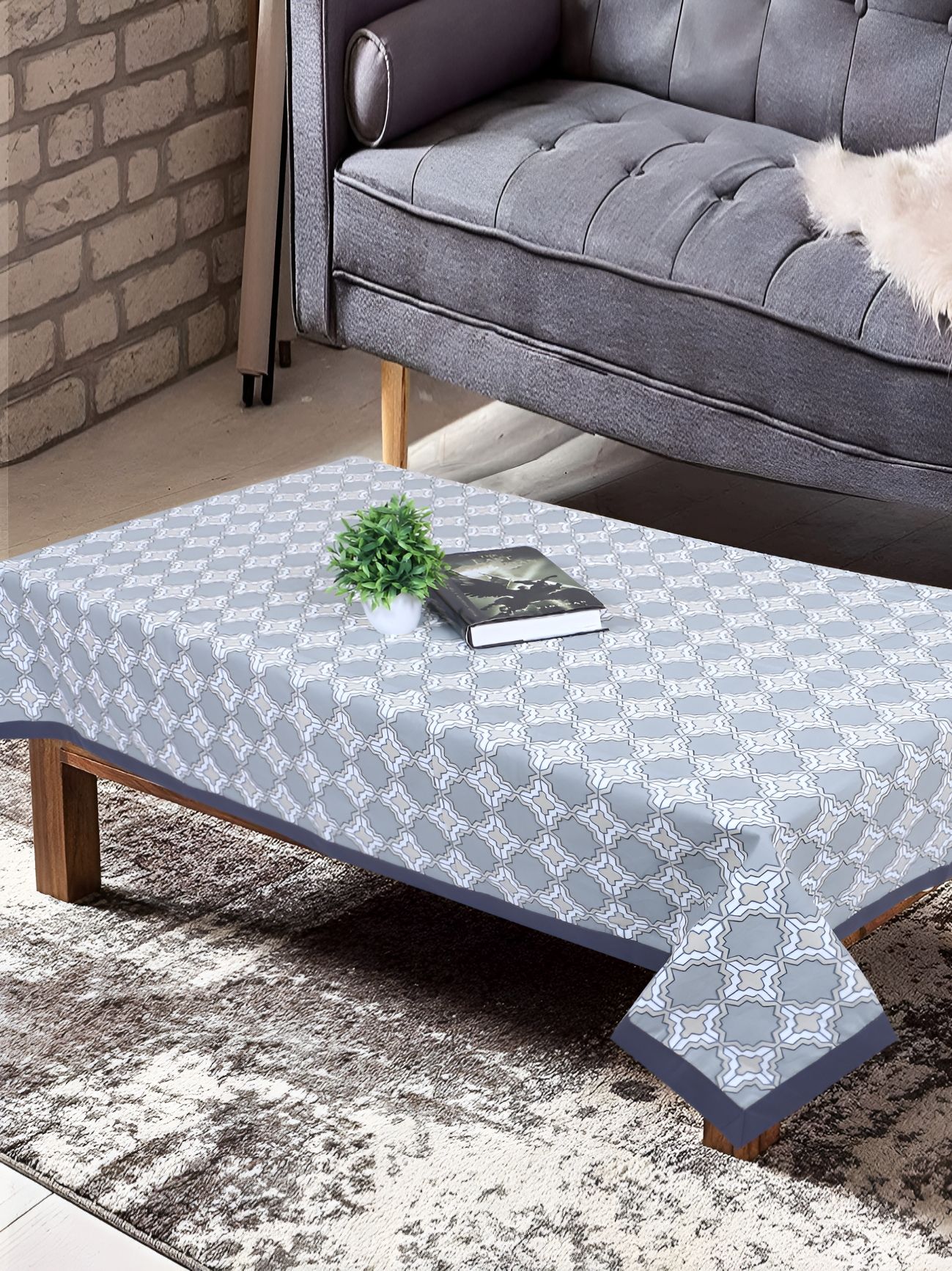 Texstylers Grey & White Printed Anti-Slip Cotton 4-Seater Table Cover-picture-27