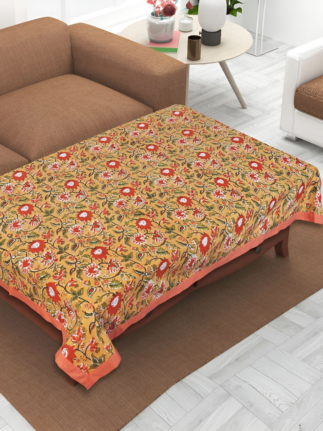 Texstylers Orange & Red Ethnic Motifs  Anti-Slip Cotton 4-Seater Rectangular Table Cover