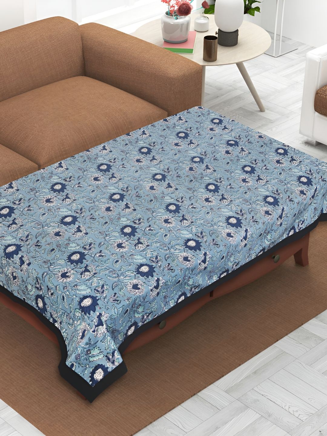 Texstylers Blue & White Floral Anti Slip Cotton 4 Seater Rectangle Table Cover-picture-32
