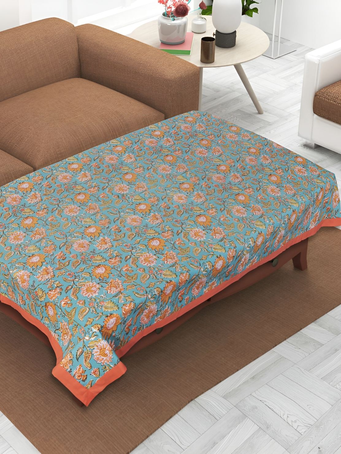 Texstylers Orange & Blue Floral Anti Slip Cotton 4 Seater Rectangle Table Cover-image-22