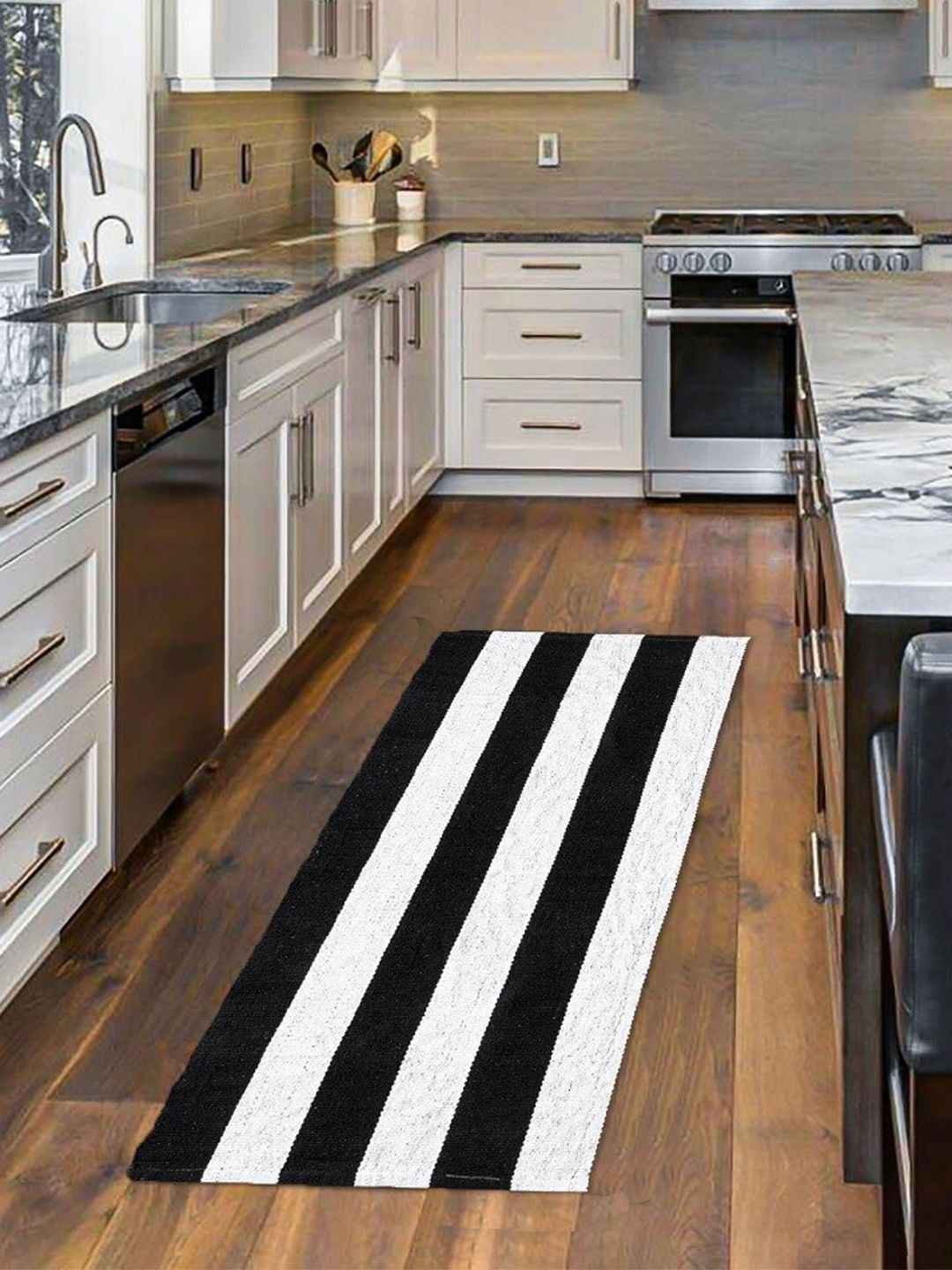HOMEMONDE Black & White Striped Pure Cotton Floor Rug-image-22