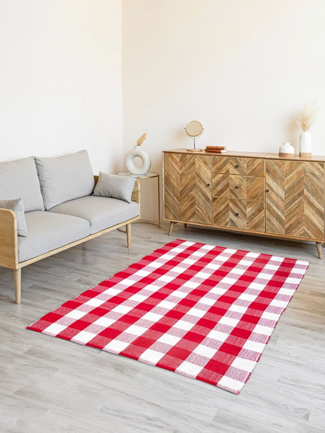 HOMEMONDE Red & White Checked Pure Cotton Floor Rug-picture-41