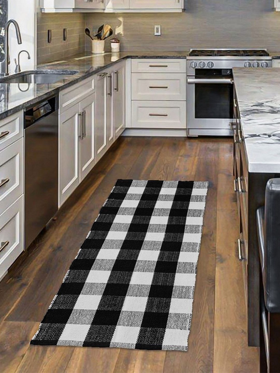 HOMEMONDE Black & White Checked Pure Cotton Floor Rug-picture-40