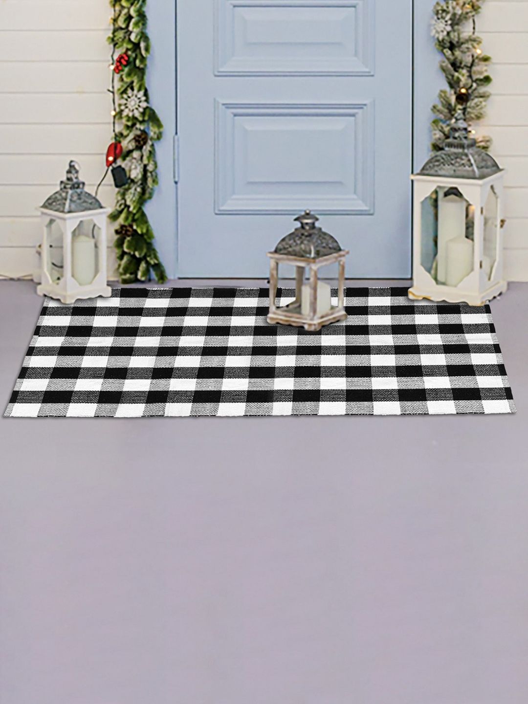 HOMEMONDE Black & White Checked Pure Cotton Floor Rug-picture-33