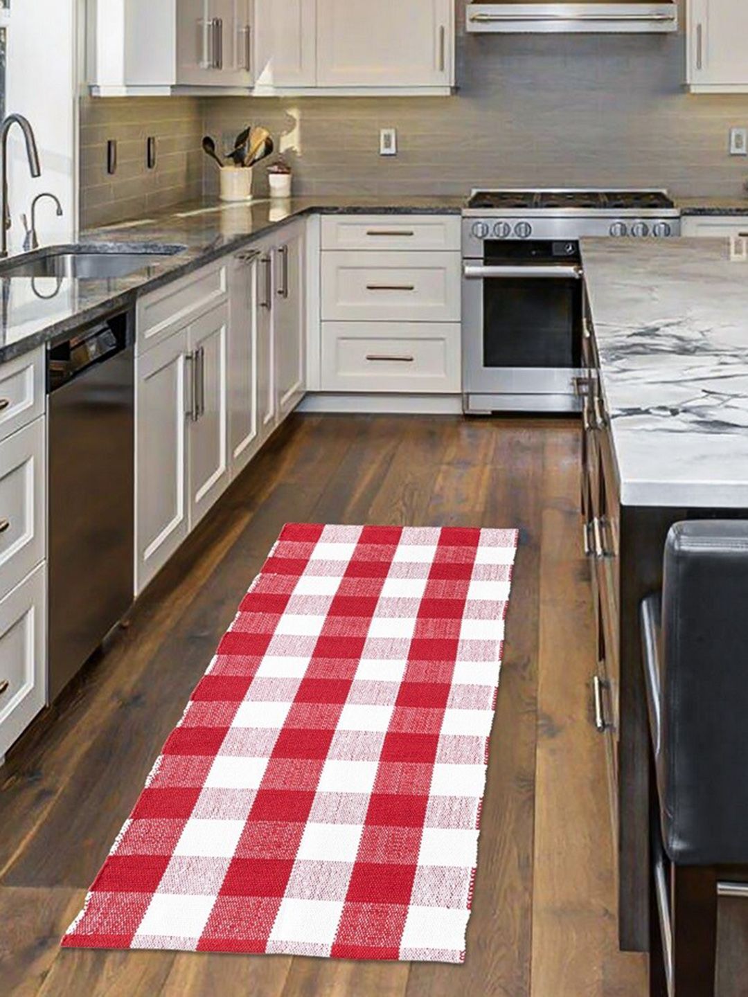 HOMEMONDE Red & White Checked Pure Cotton Floor Rug-image-14