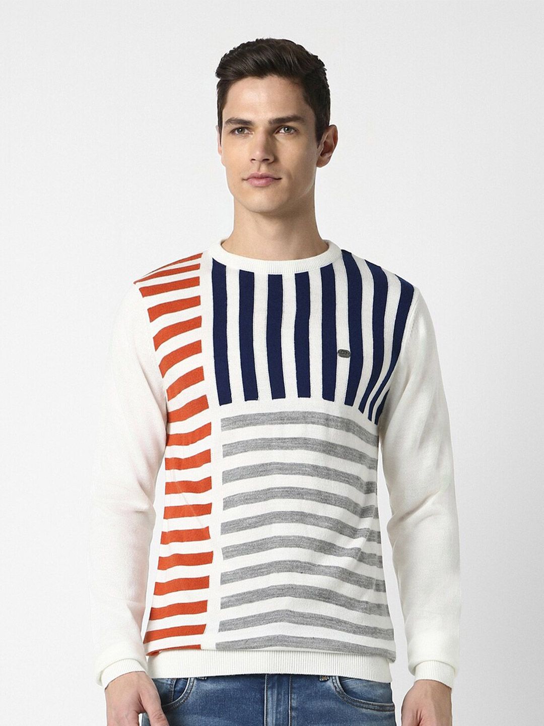 Peter England Casuals Striped Crew Neck Pure Acrylic Pullover Sweater-image-3