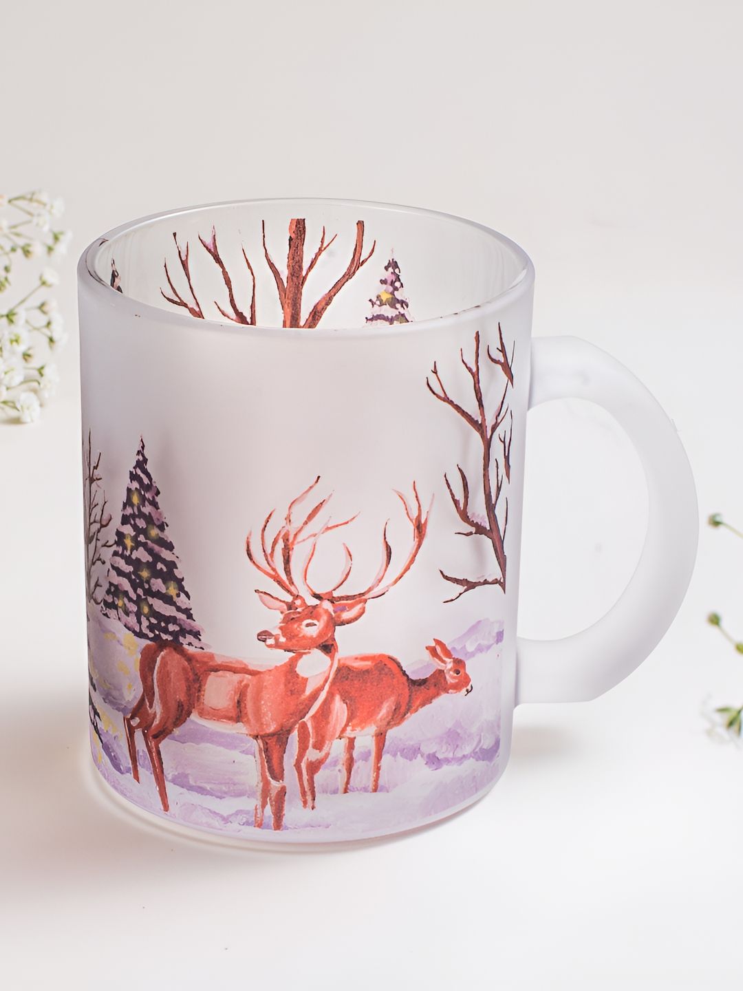 Strokes by Namrata Mehta Brown Floral Printed Christmas Frosted Glass Mug-picture-10