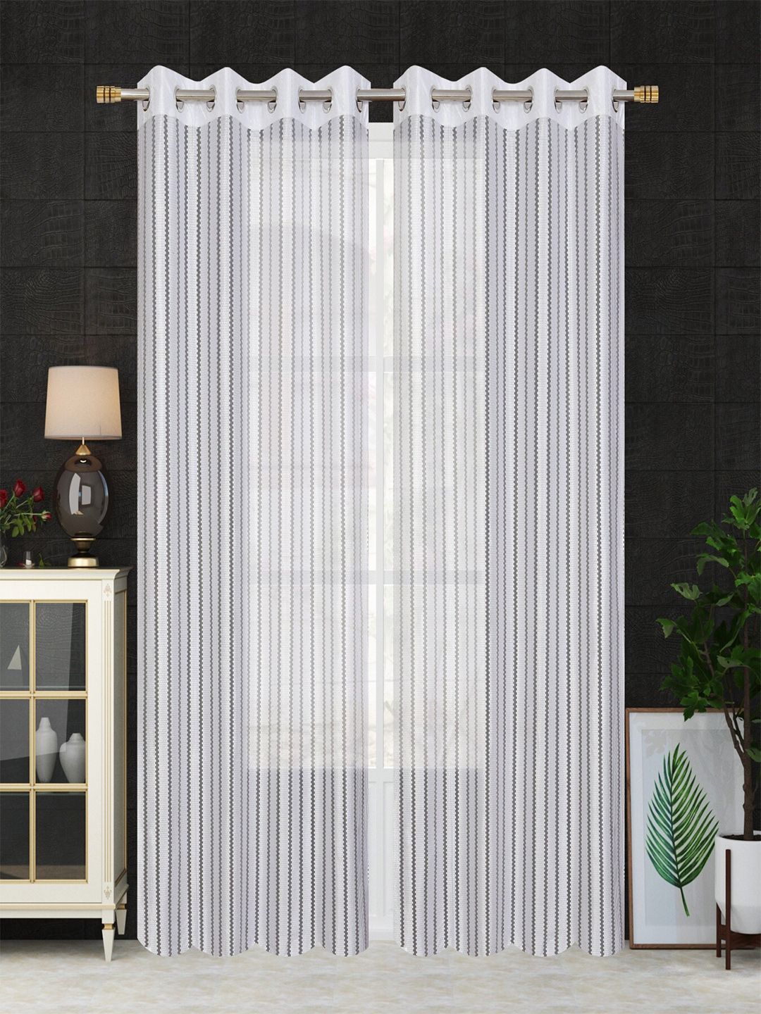 Aura White 2 Pieces Striped Sheer Door Curtains-picture-24