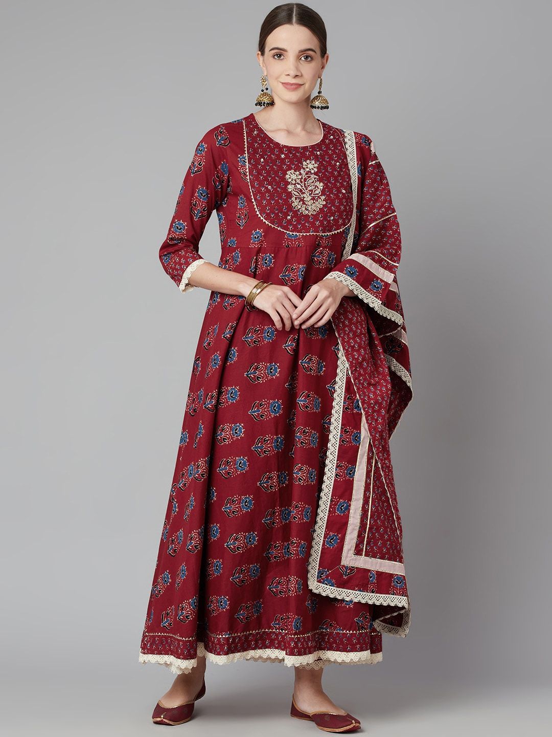 KALINI Floral Printed Gotta Patti Pure Cotton Anarkali Kurta with Trousers & Dupatta-image-29