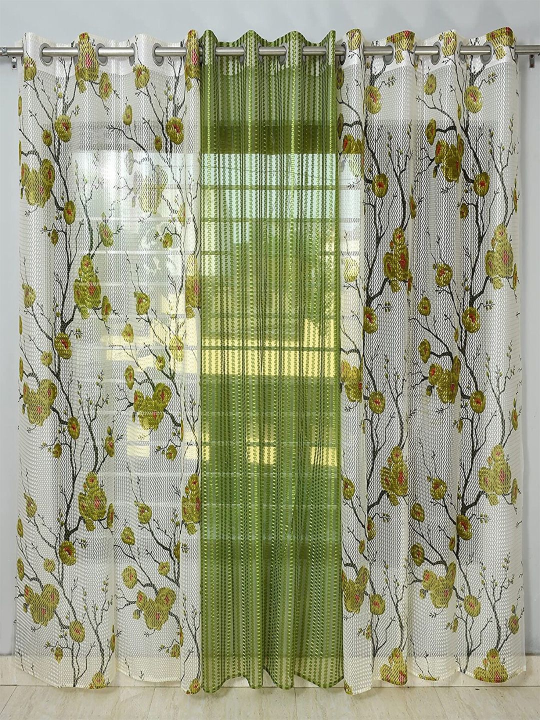 Aura Green & White 3 Pieces Floral Sheer Window Curtains-image-46
