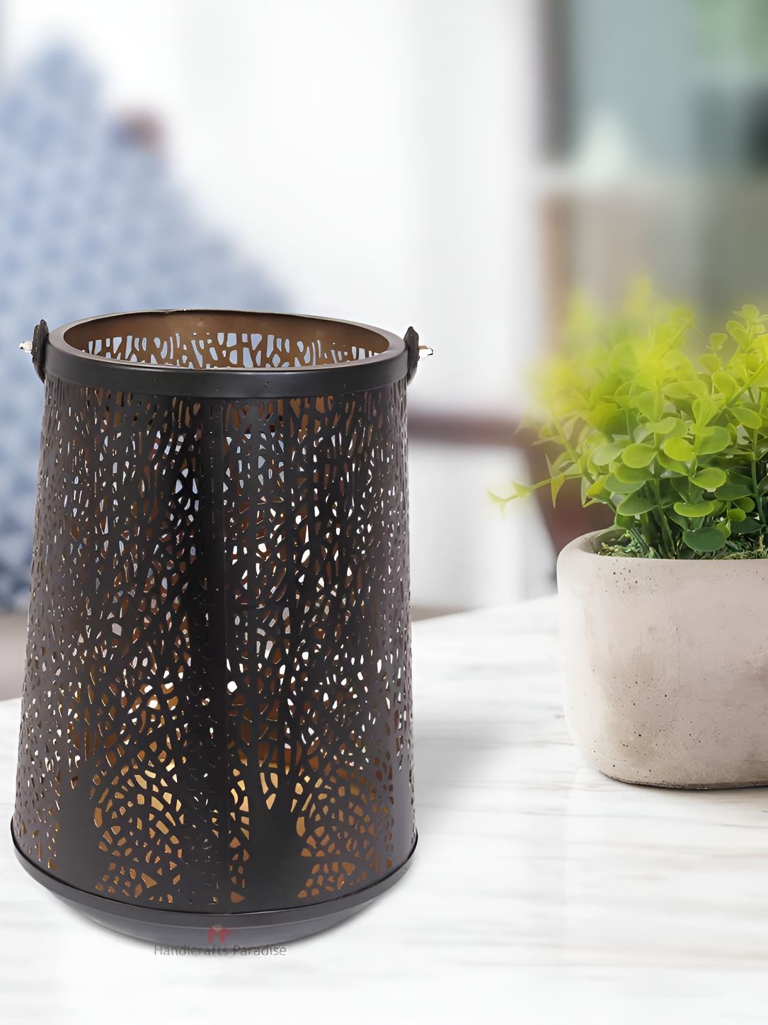 HANDICRAFTS PARADISE  Brown & Gold Toned Metal Curio Intricate Tea Light Showpiece-picture-21