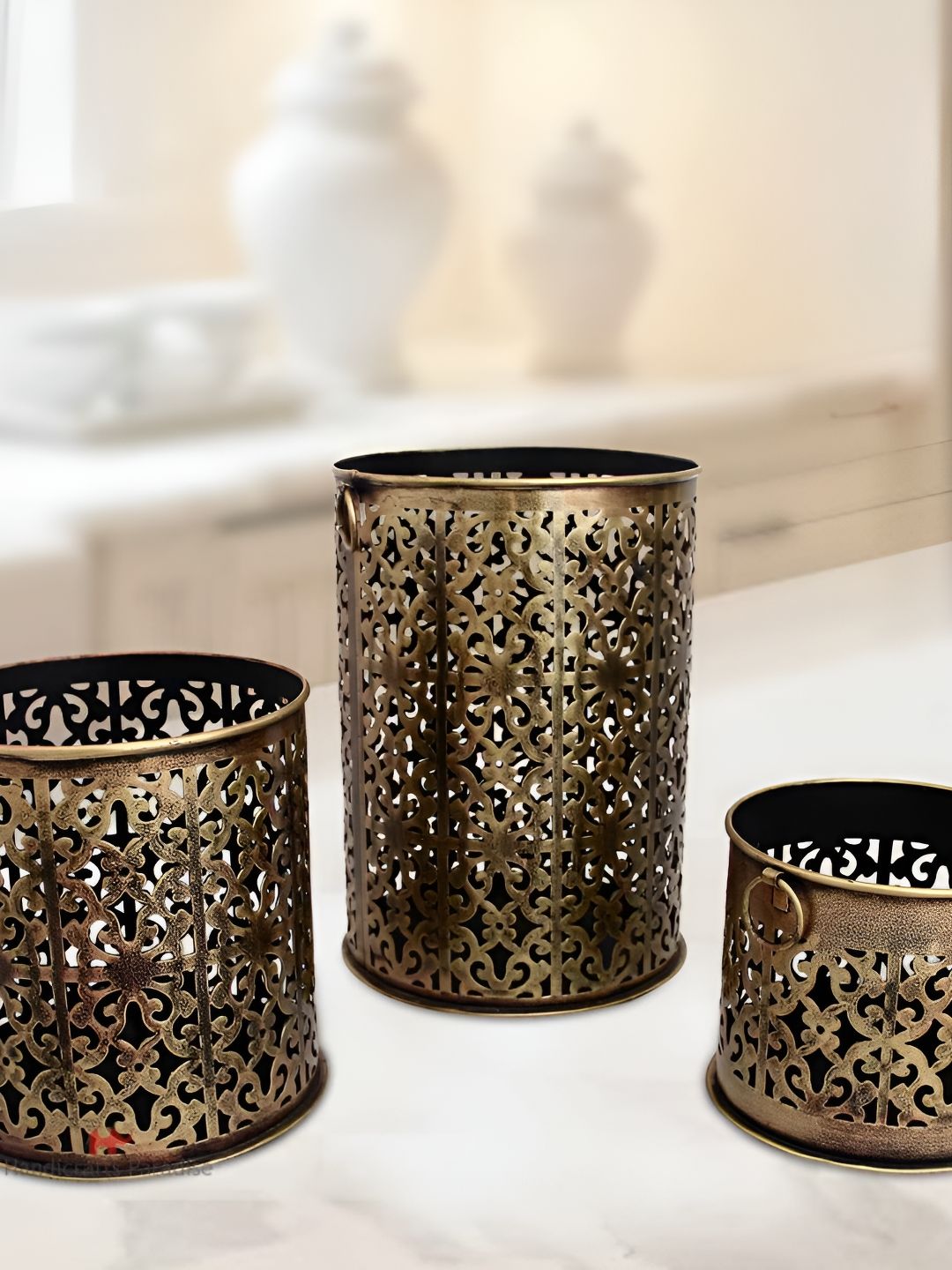 HANDICRAFTS PARADISE Brown & Gold Toned 3 Pieces Metal Curio Intricate Tea Light Showpiece-picture-22
