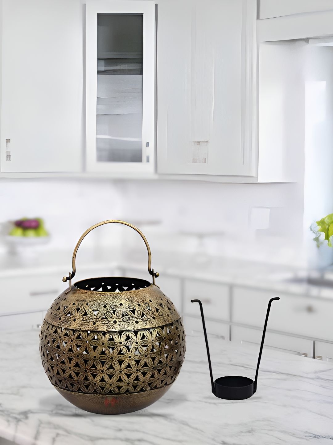 HANDICRAFTS PARADISE Brown & Black Antique Cut Work Tea Light With a Handle Showpiece-picture-32