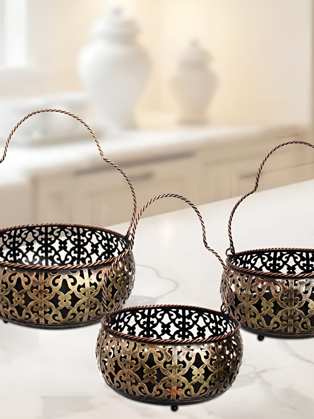 HANDICRAFTS PARADISE Brown 3 Pieces Cut Work Basket For Fruits Showpiece-picture-31