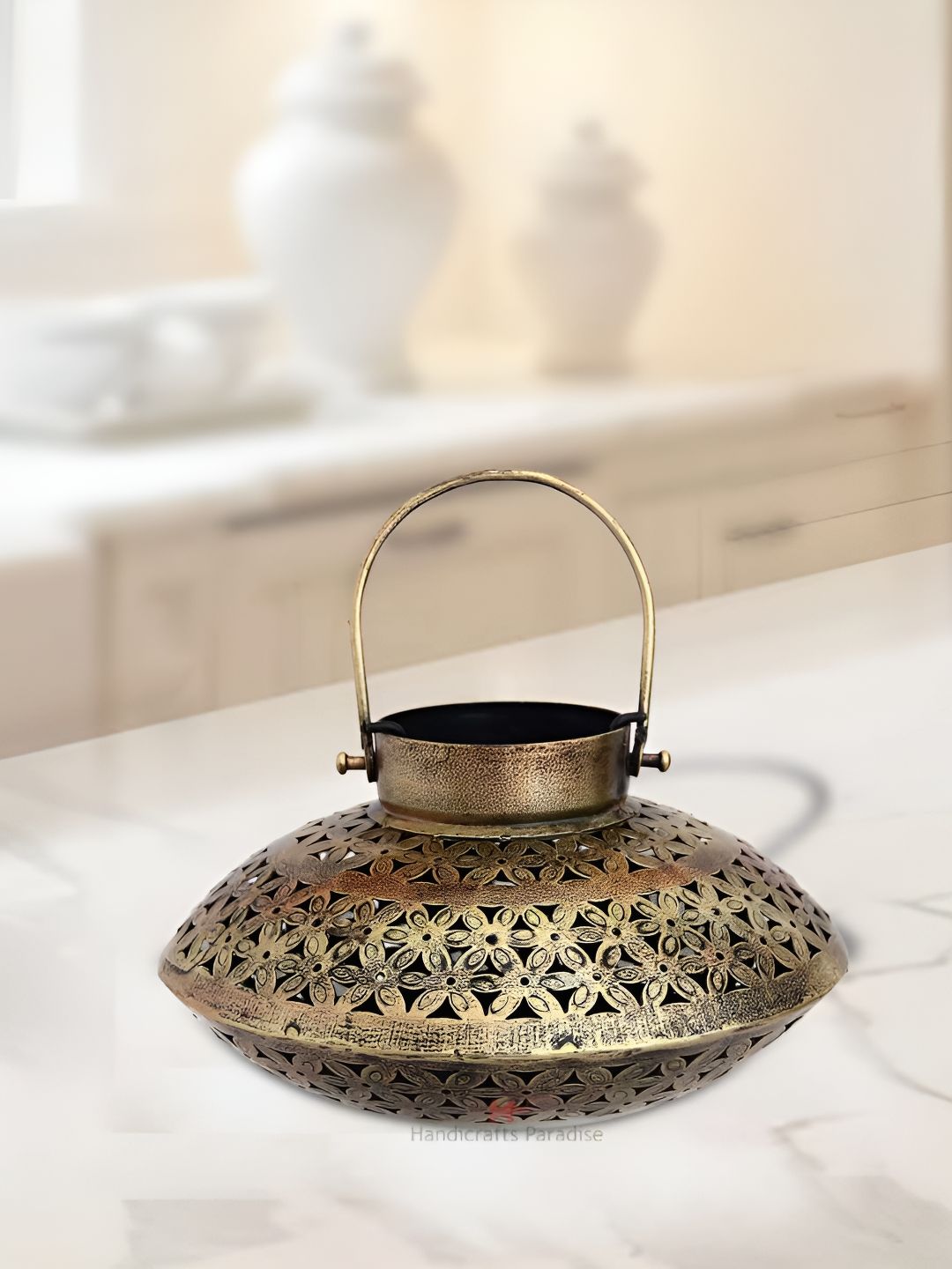 HANDICRAFTS PARADISE Brown Metal Antique Cut Work Oval Tea Light with Handle Showpiece-picture-30