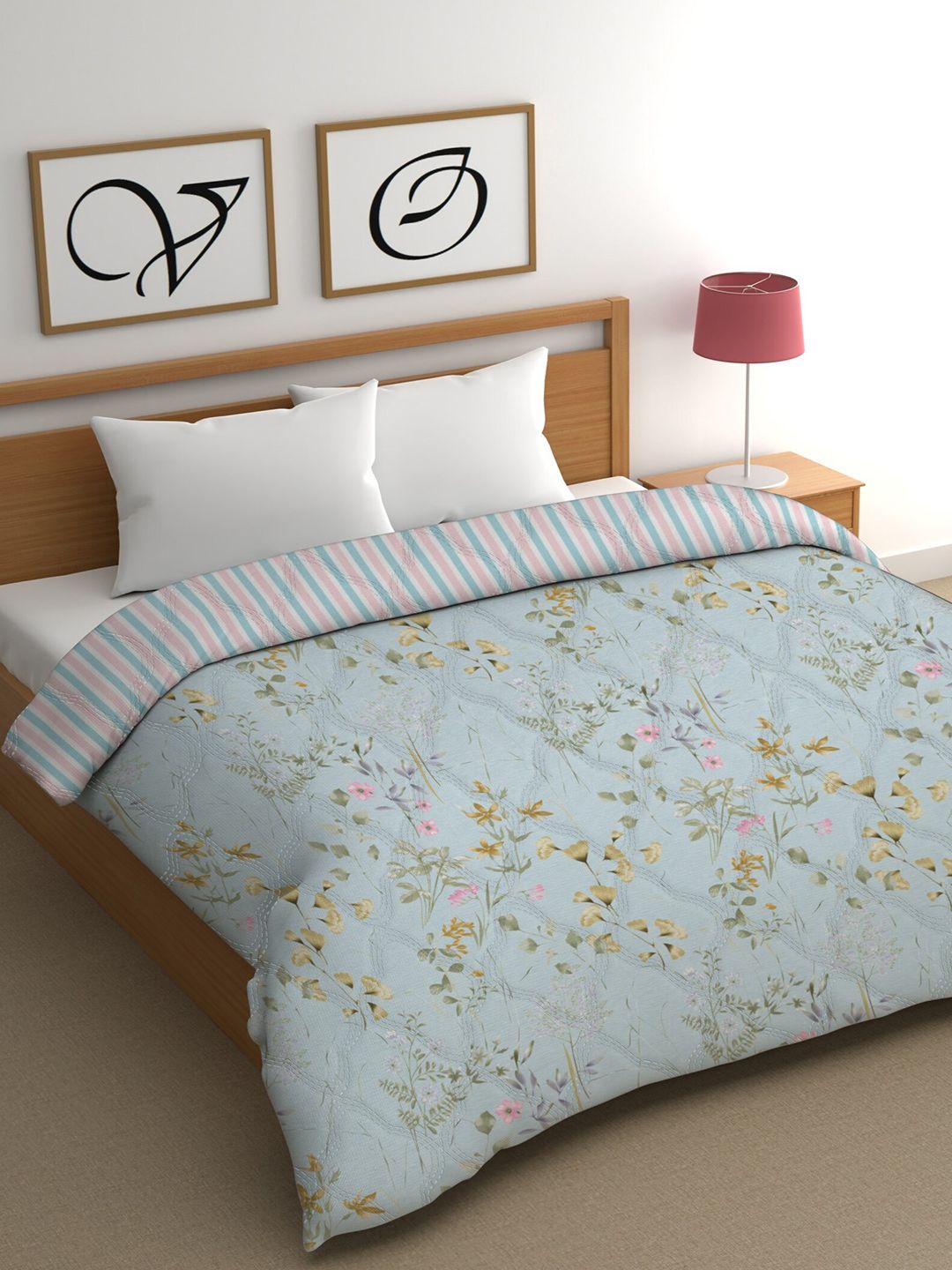 CHHAVI INDIA Blue & Green Floral Cotton Mild Winter 350 GSM Double Bed Comforter-image-7