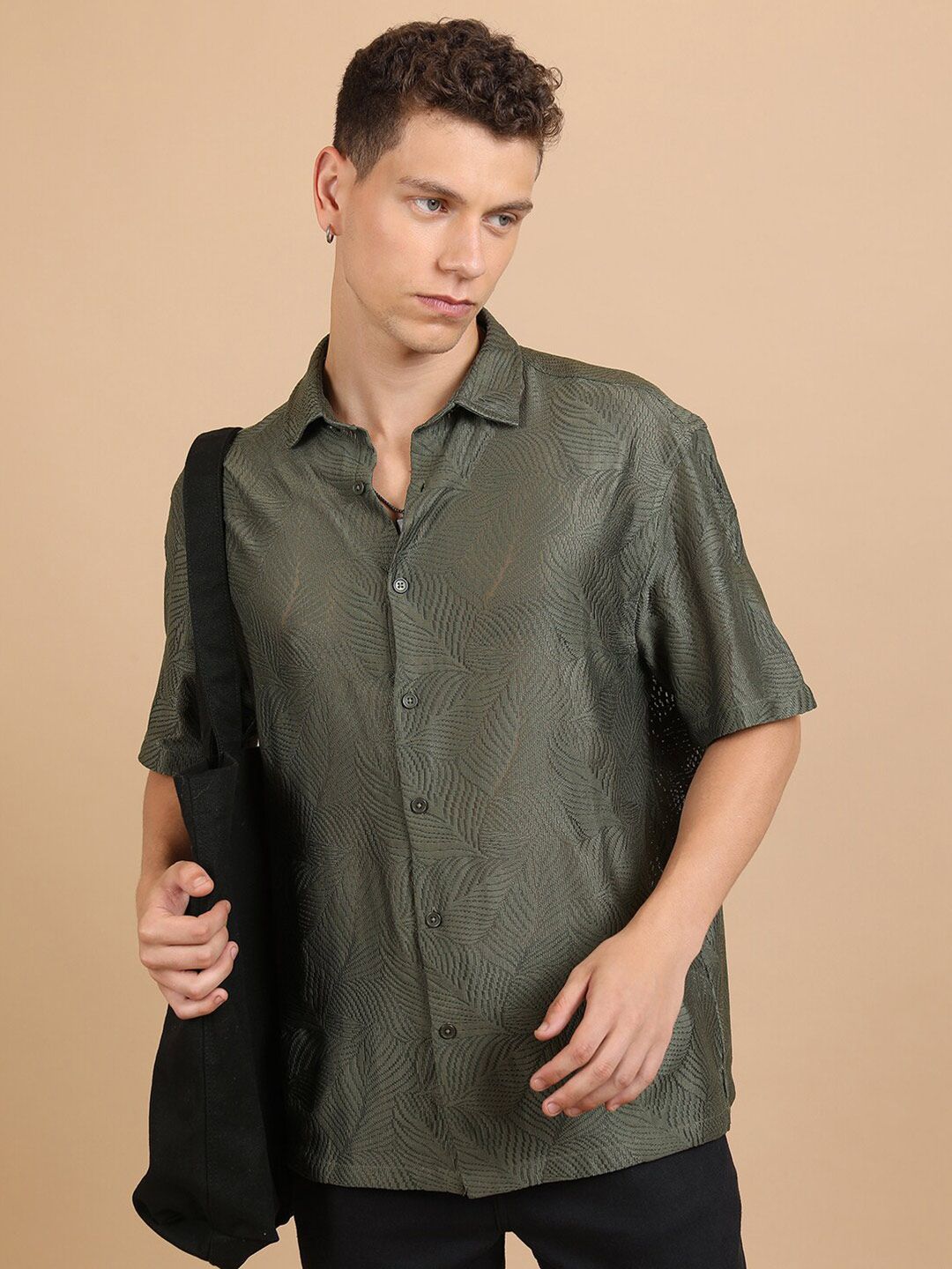 HIGHLANDER Crochet Textured Cutaway Collar Drop Shoulder Oversized Casual Shirt-picture-14