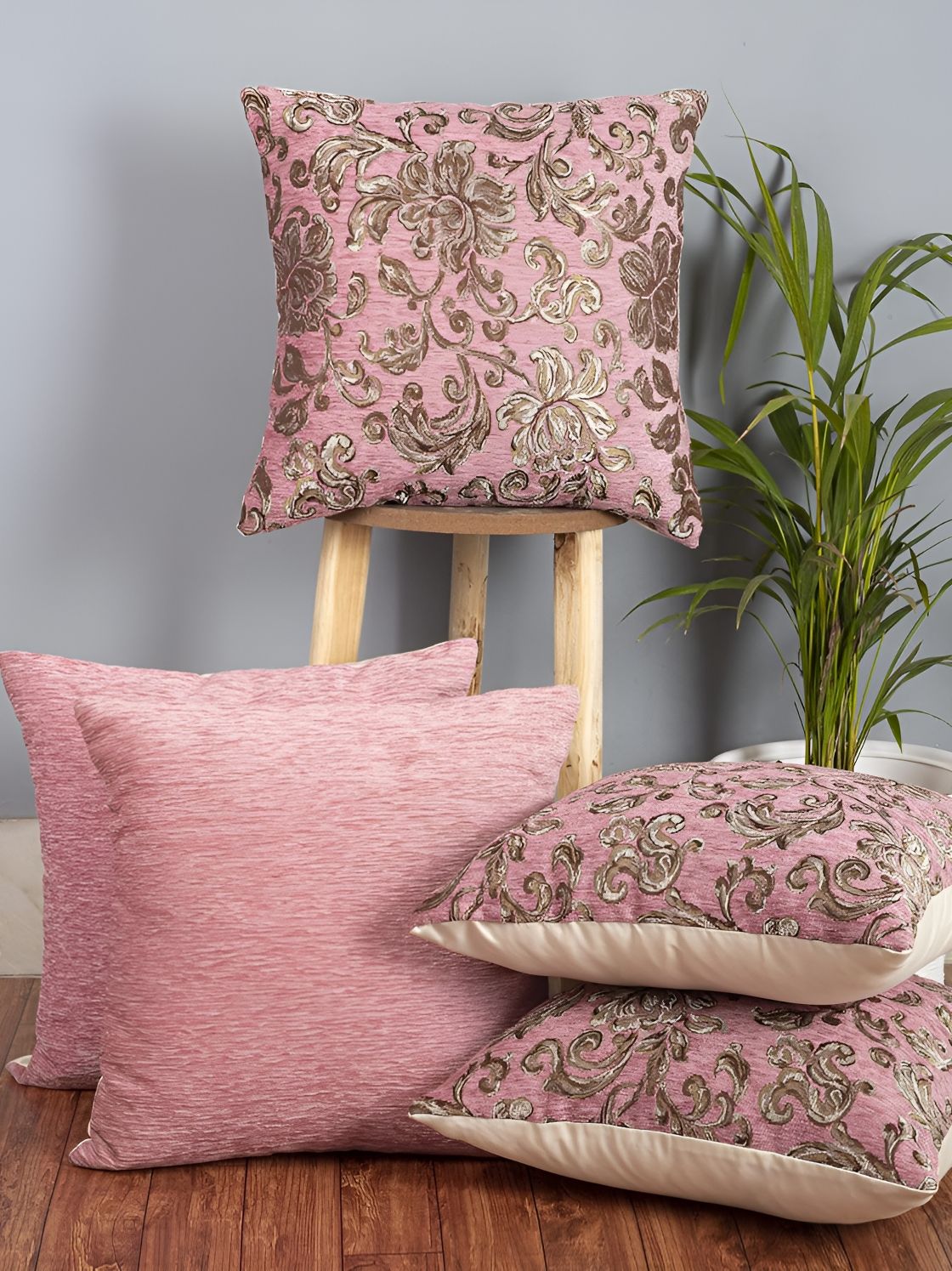 CAZIMO Pink & Gold-Toned 5 Pieces Floral Textured Jacquard Square Cushion Covers-image-35