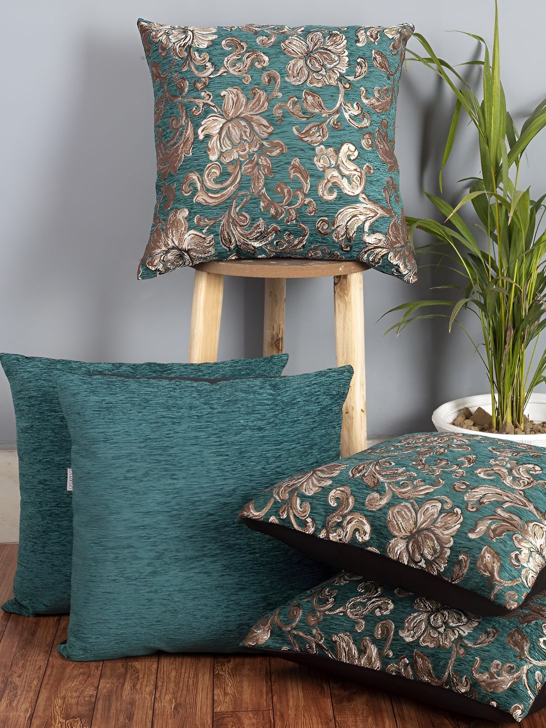 CAZIMO Teal & Gold-Toned 5 Pieces Floral Textured Jacquard Square Cushion Covers-picture-49