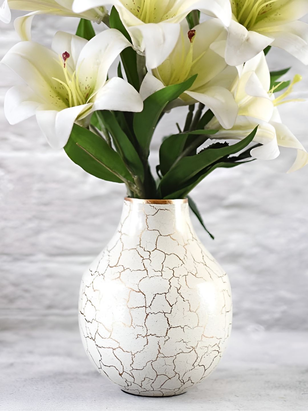 BEHOMA Off White & Gold Toned Crackled Metal Bottle Shaped Flower Vase-image-35