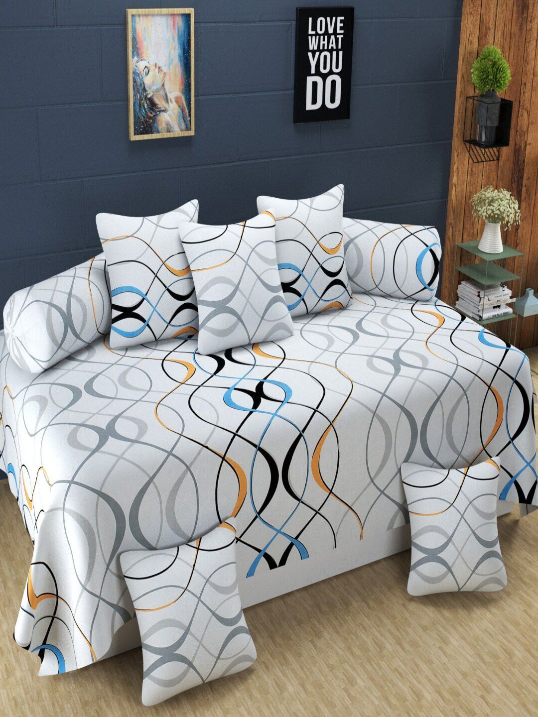 Homefab India 8 Pieces White & Black Printed Diwan Set-picture-28