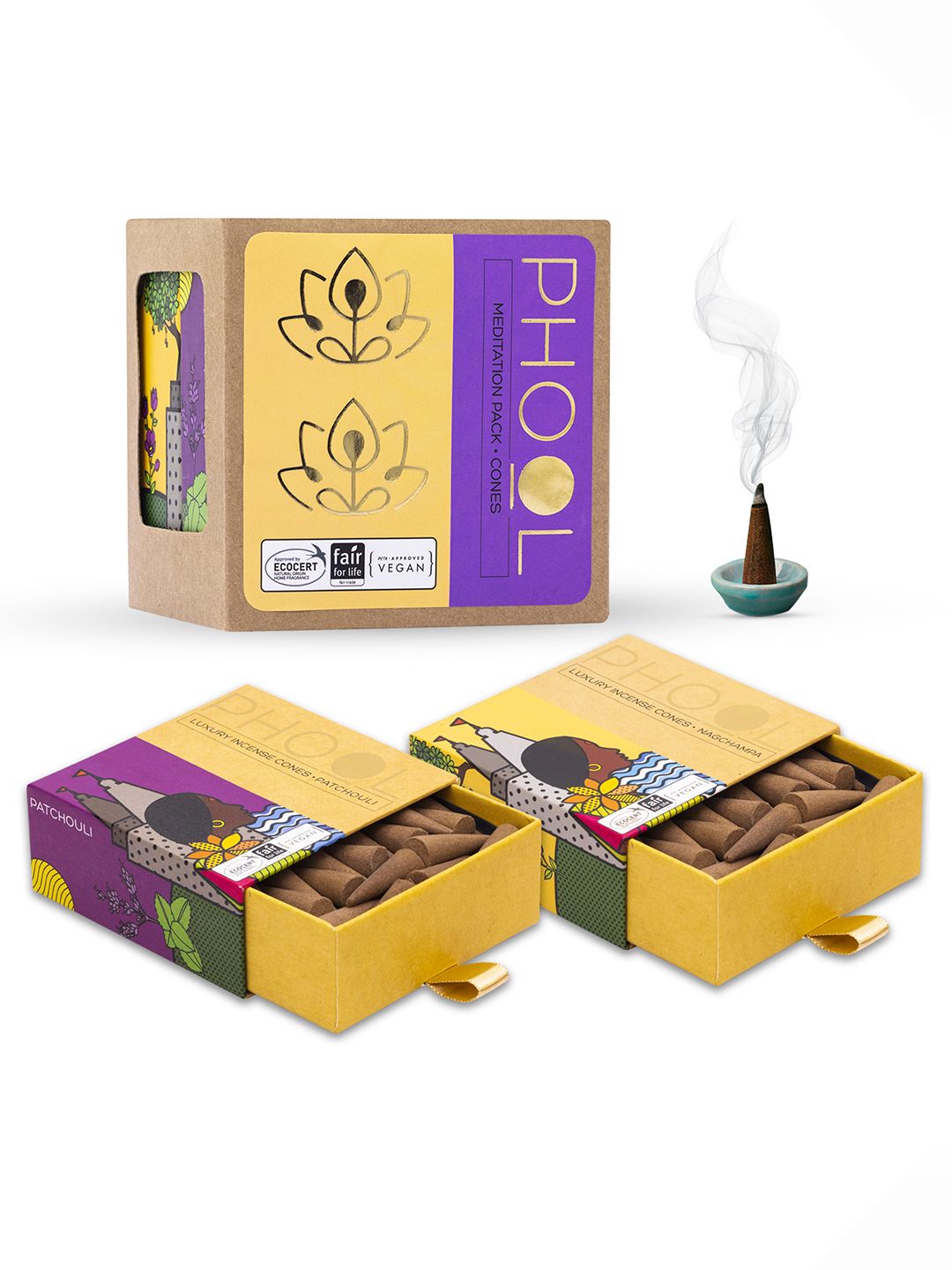Phool Meditation Combo Pack - Nagchampa & Patchouli Natural Incense Cones-image-14