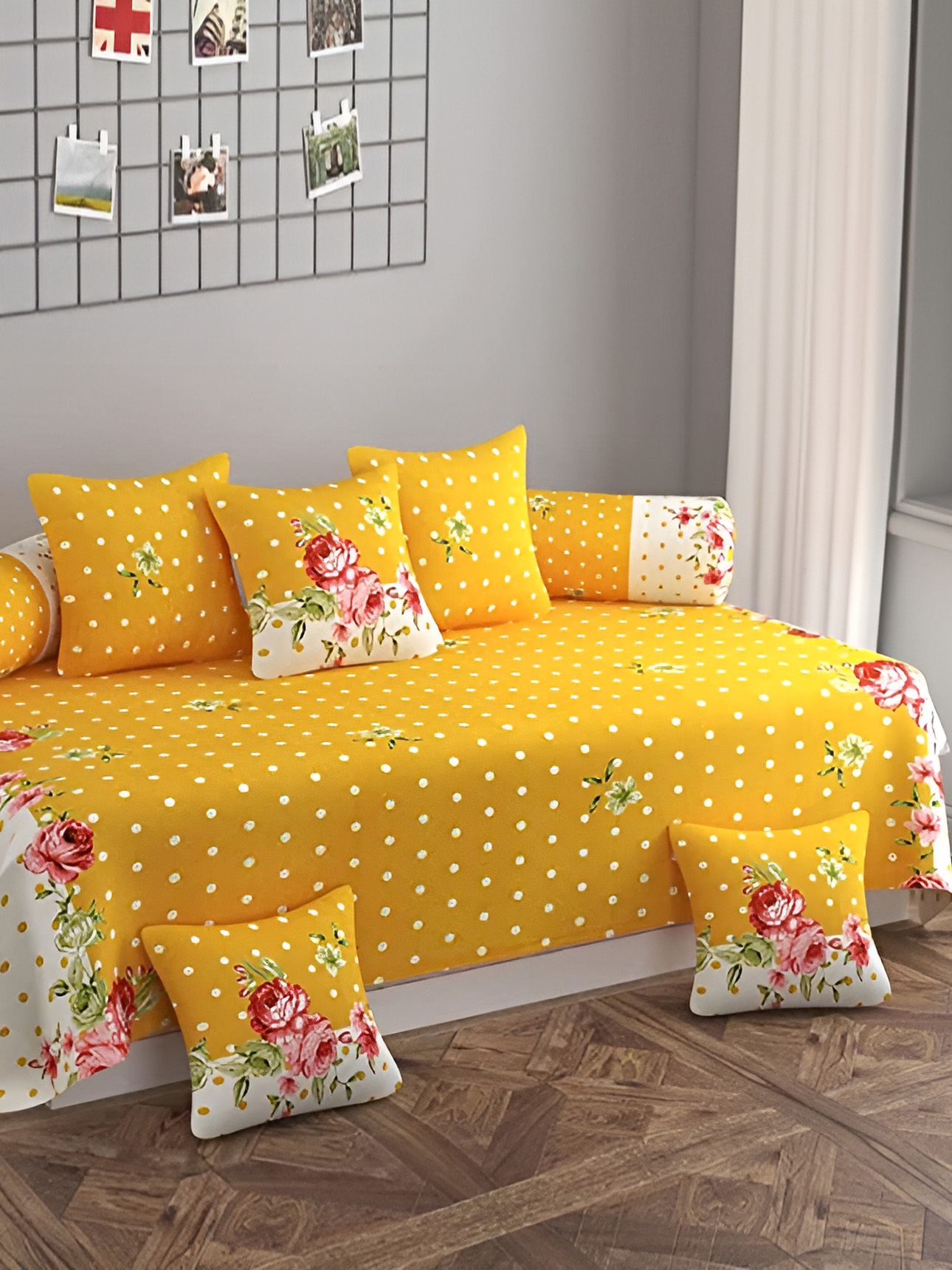DECOR VATIKA Yellow & White 8 Pieces Floral Printed Diwan Set-picture-34