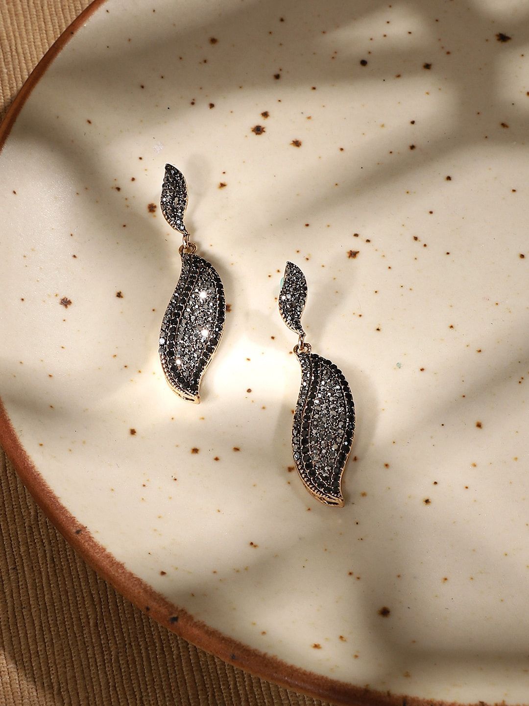 SOHI Gold-Plated Stones Studded Leaf Shaped Drop Earrings-image-48