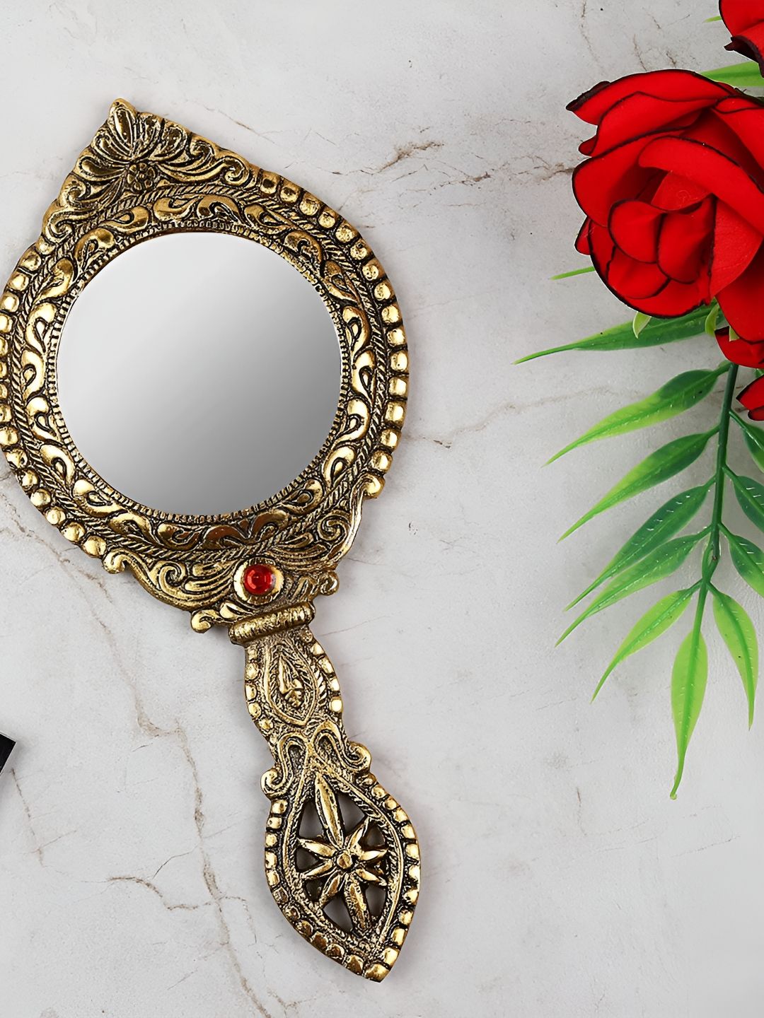 Kridaykraft Gold-Toned Round Shape Gold Plated Metal Hand Mirror-image-49