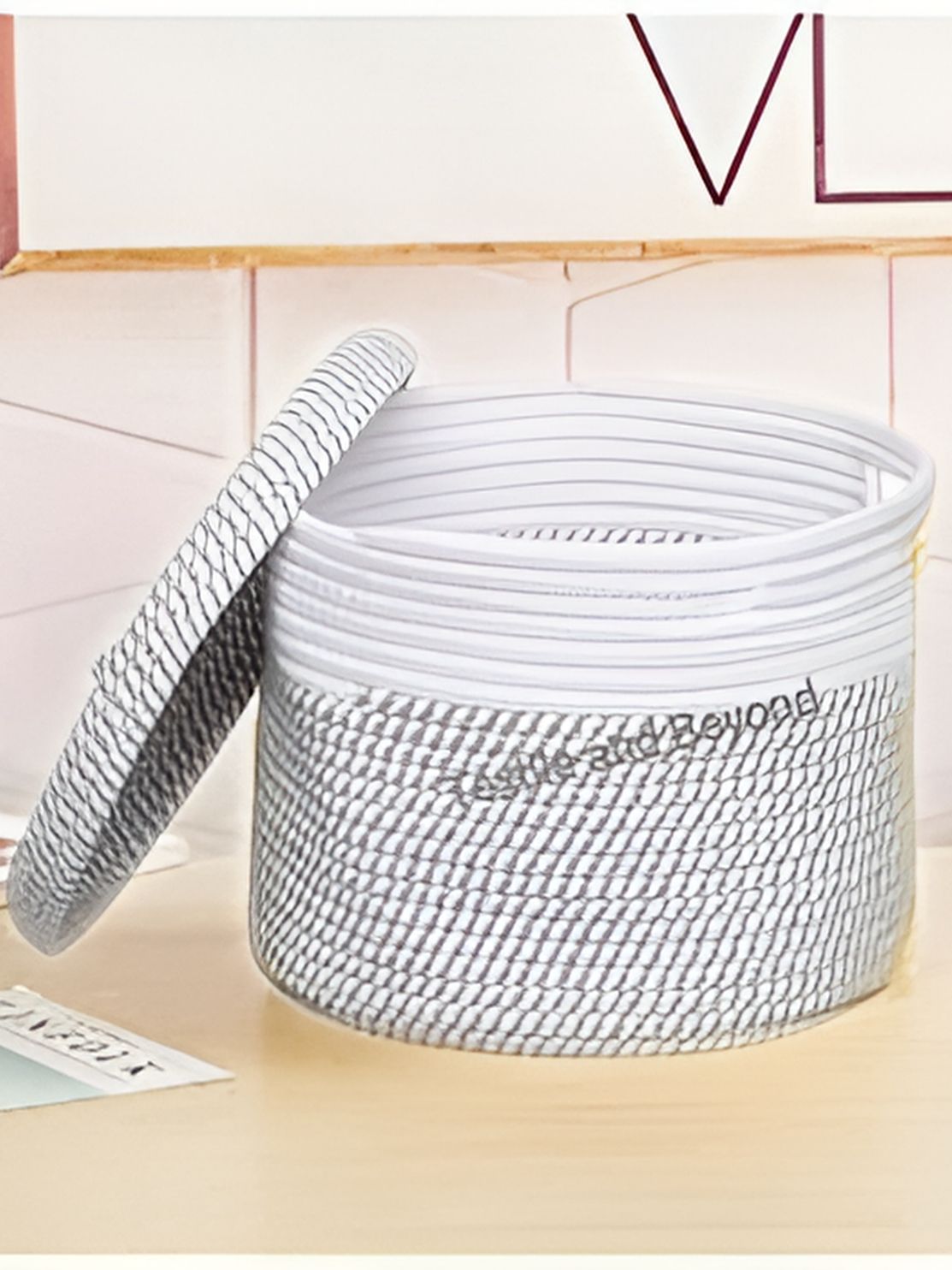 Textile and Beyond Grey & White Textured Cotton Lid Laundry Bag-image-5