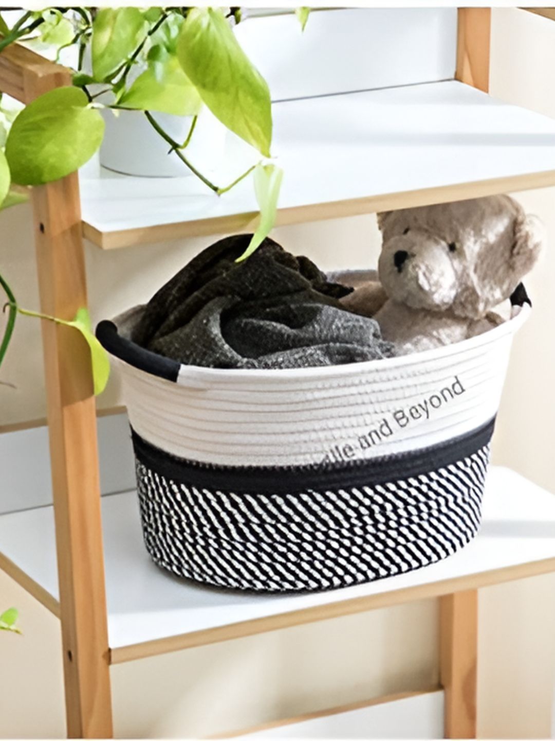 Textile and Beyond Black & White Textured Cotton Laundry Bag-image-0