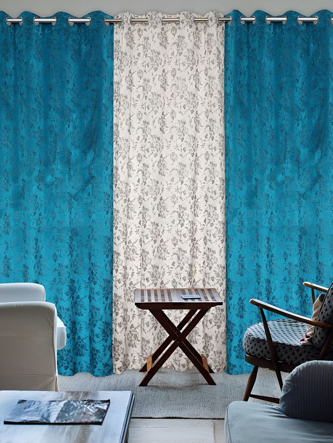 Kraftiq Homes Blue & Off White 3 Pieces Floral Room Darkening Door Curtains-image-31