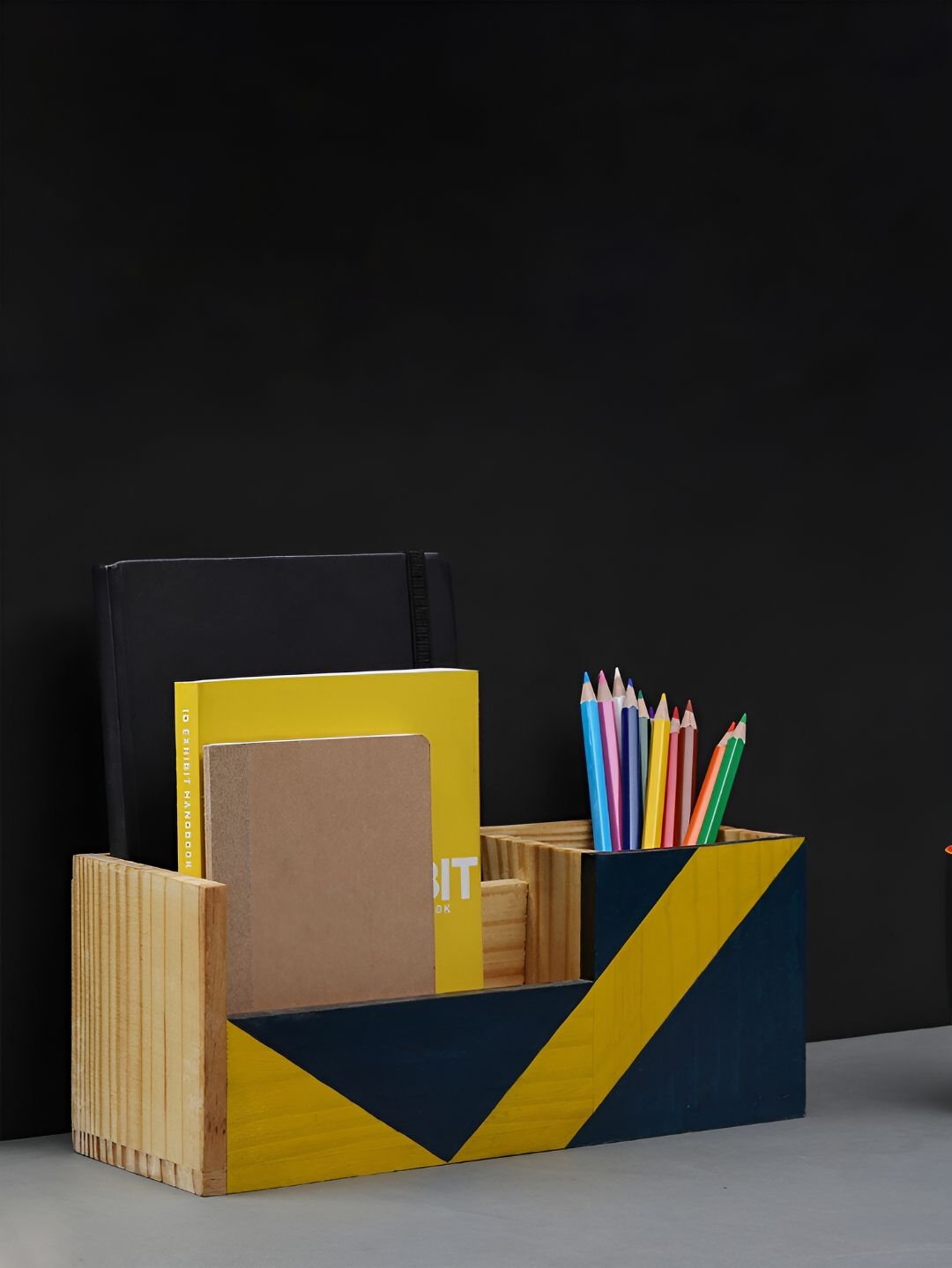 Mirai Woods Navy Blue & Yellow Wooden Regular Desk Organiser-picture-10