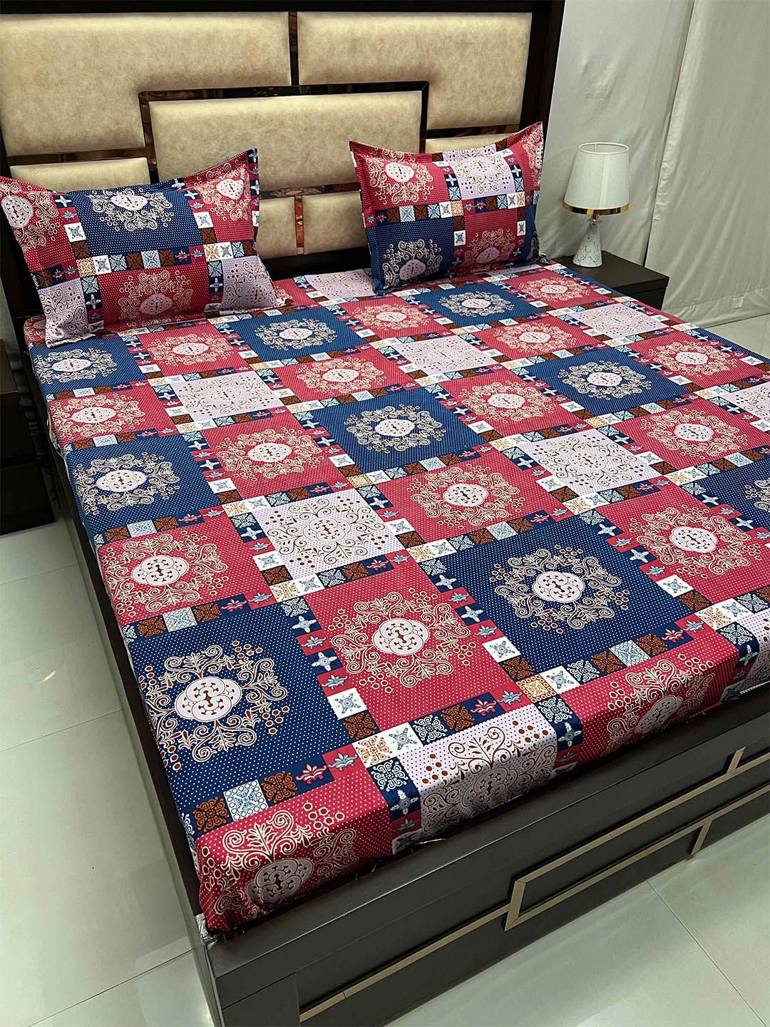 Pure Decor Amulya Red & Blue 230 TC Ethnicmotifs Queen Bedsheet with 2 Pillow Covers-picture-13