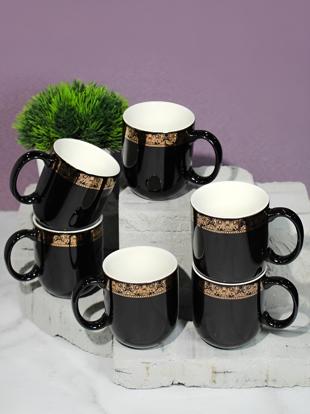 Vola Global LLP Sparkle Black 6 Pieces Porcelain With Border Glossy Cups 200 ML Each-picture-33