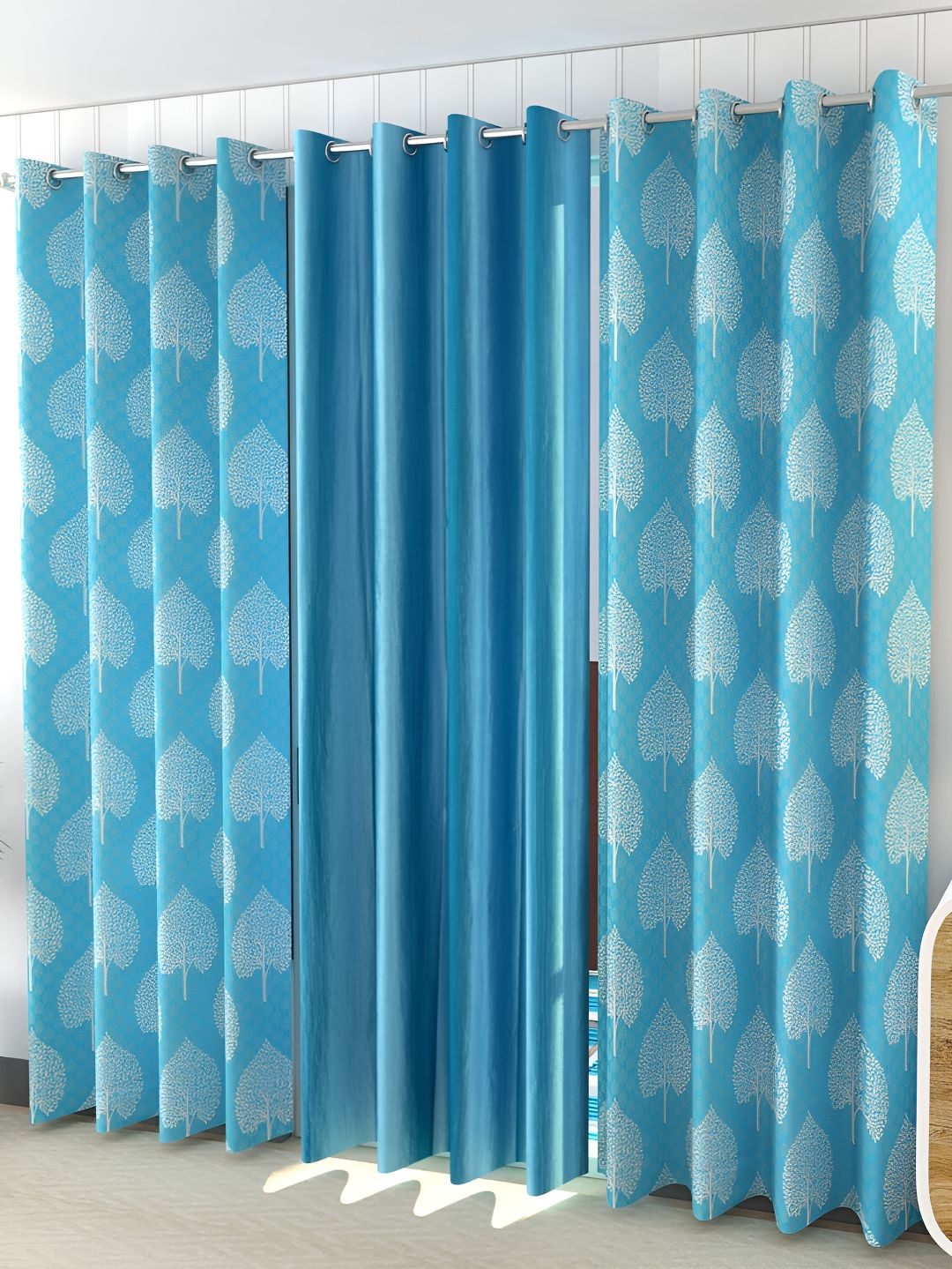 Kraftiq Homes Blue & White 3 Pcs Floral Room Darkening Long  Door Curtain-picture-58