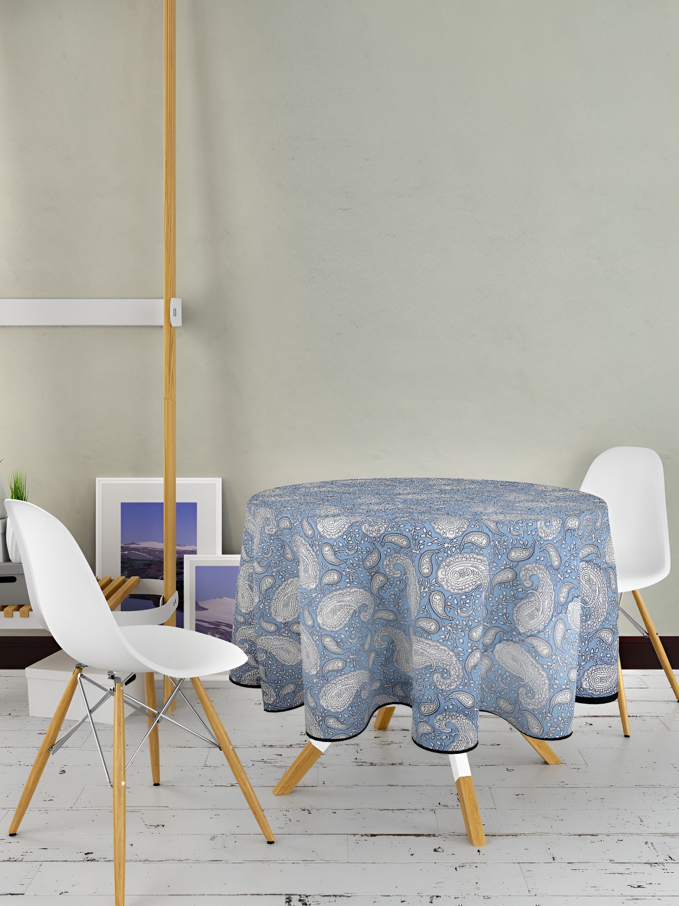 Texstylers Blue & White Paisley Printed Anti Slip Cotton Round 4 Seater Table Cover-picture-10