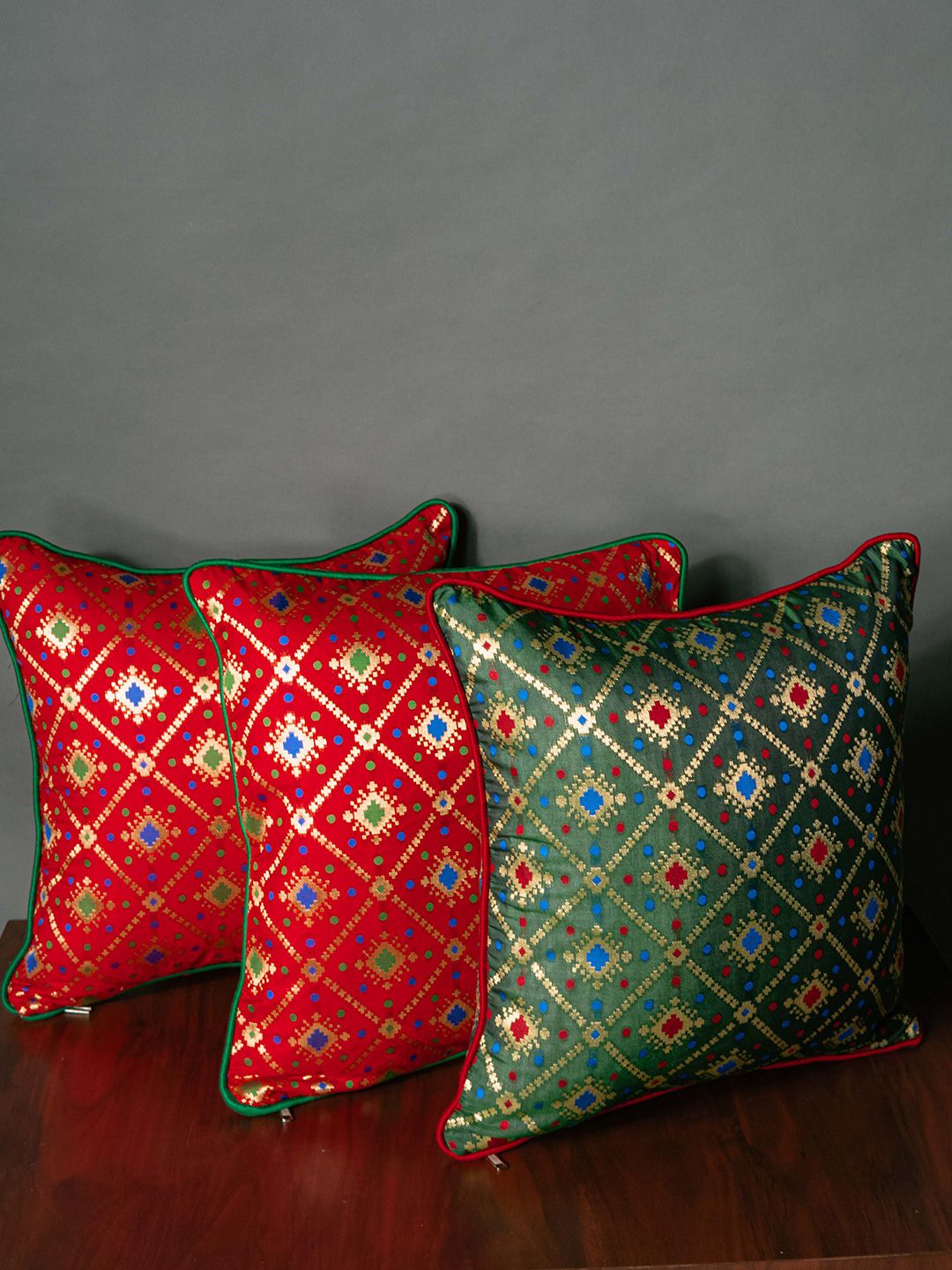 RoyalDeco Red & Green 3Pcs Geometric Brocade Square Cushion Covers-image-24