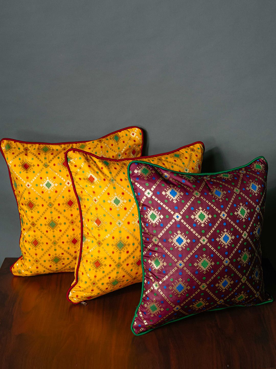 RoyalDeco Yellow & Burgundy 3 Pcs Geometric Brocade Square Cushion Covers-image-1