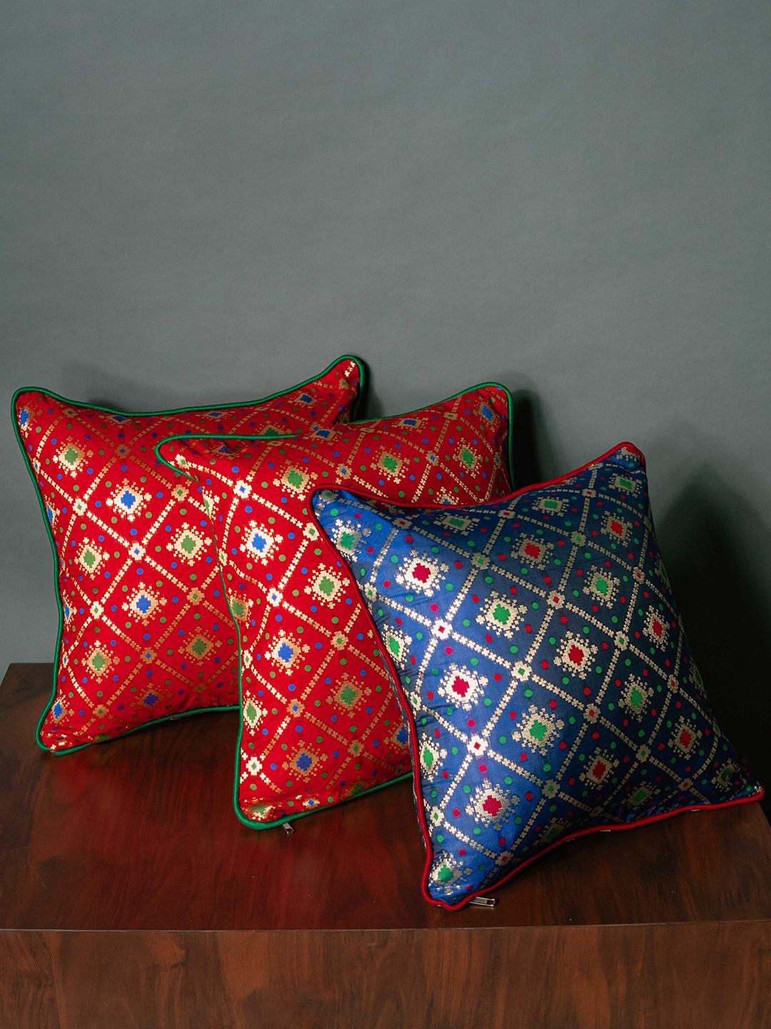 RoyalDeco Red & Blue 3 Pieces Brocade & Zari Geometric Square Cushion Covers-image-30
