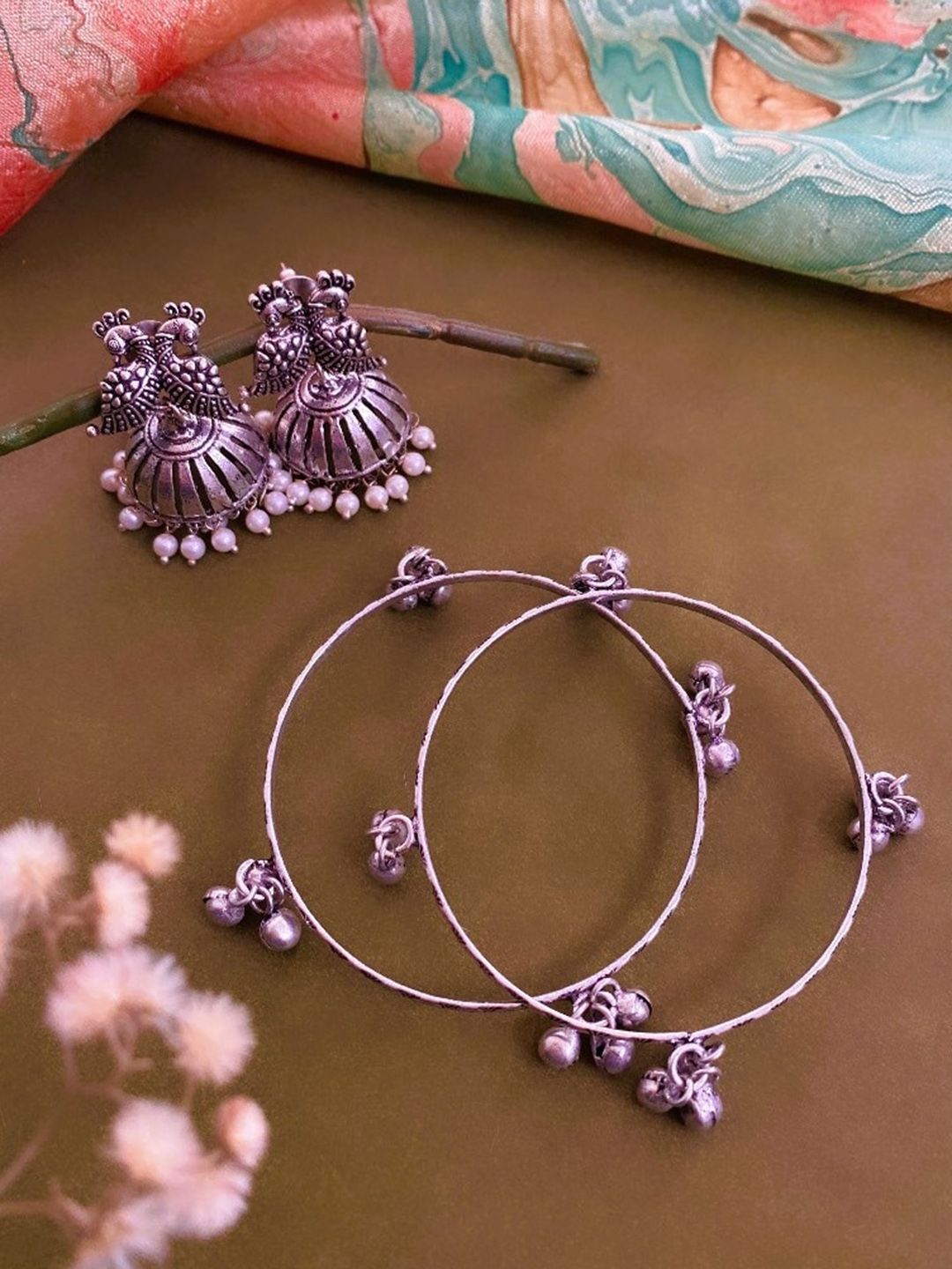 ATIBELLE Set Of 2 Silver Plated Peacock Shaped Jhumkas With Bangles