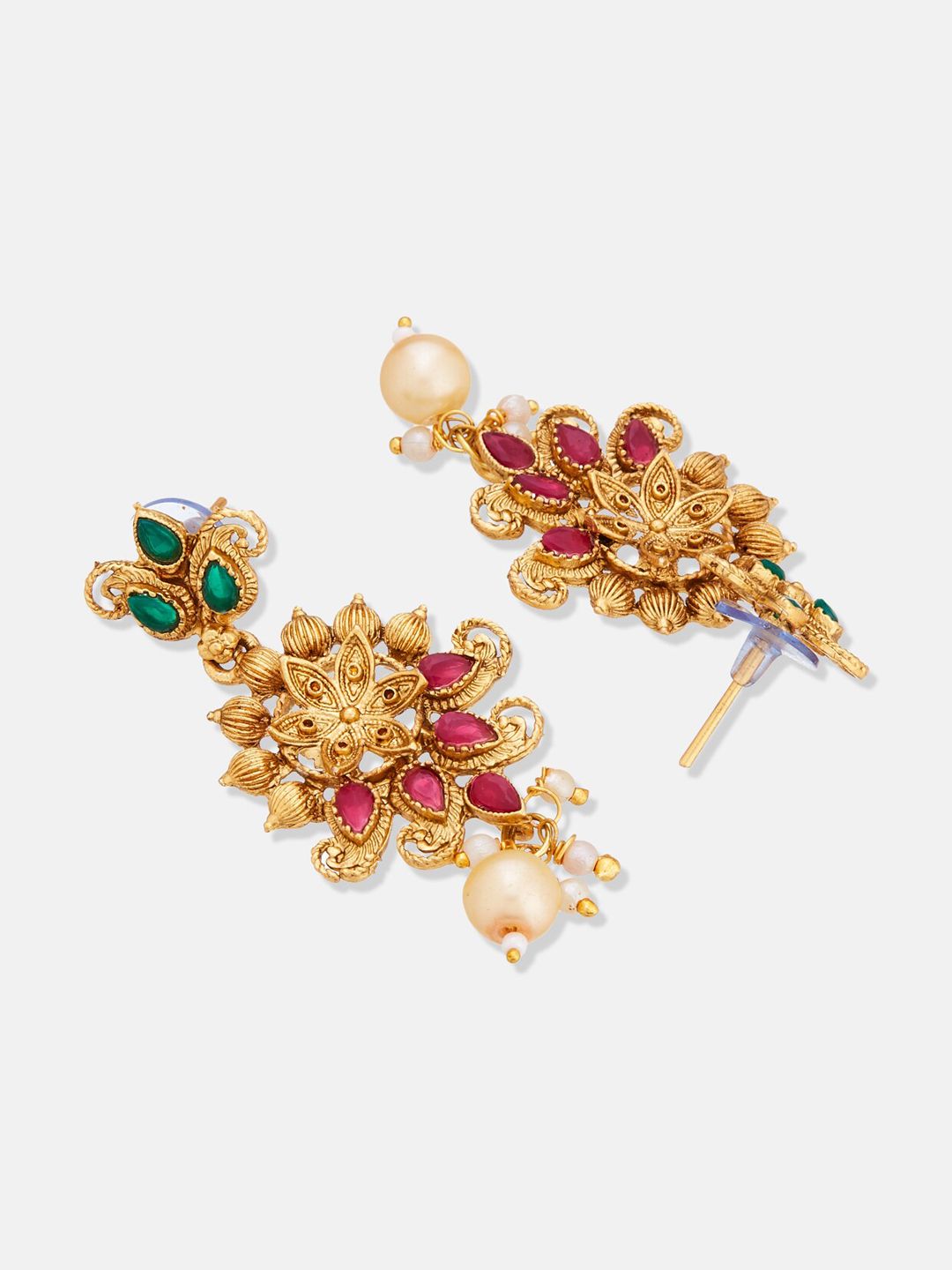 ATIBELLE Gold Plated Stone Studded Bedded Floral-Peacock Shaped Choker Necklace & Earrings