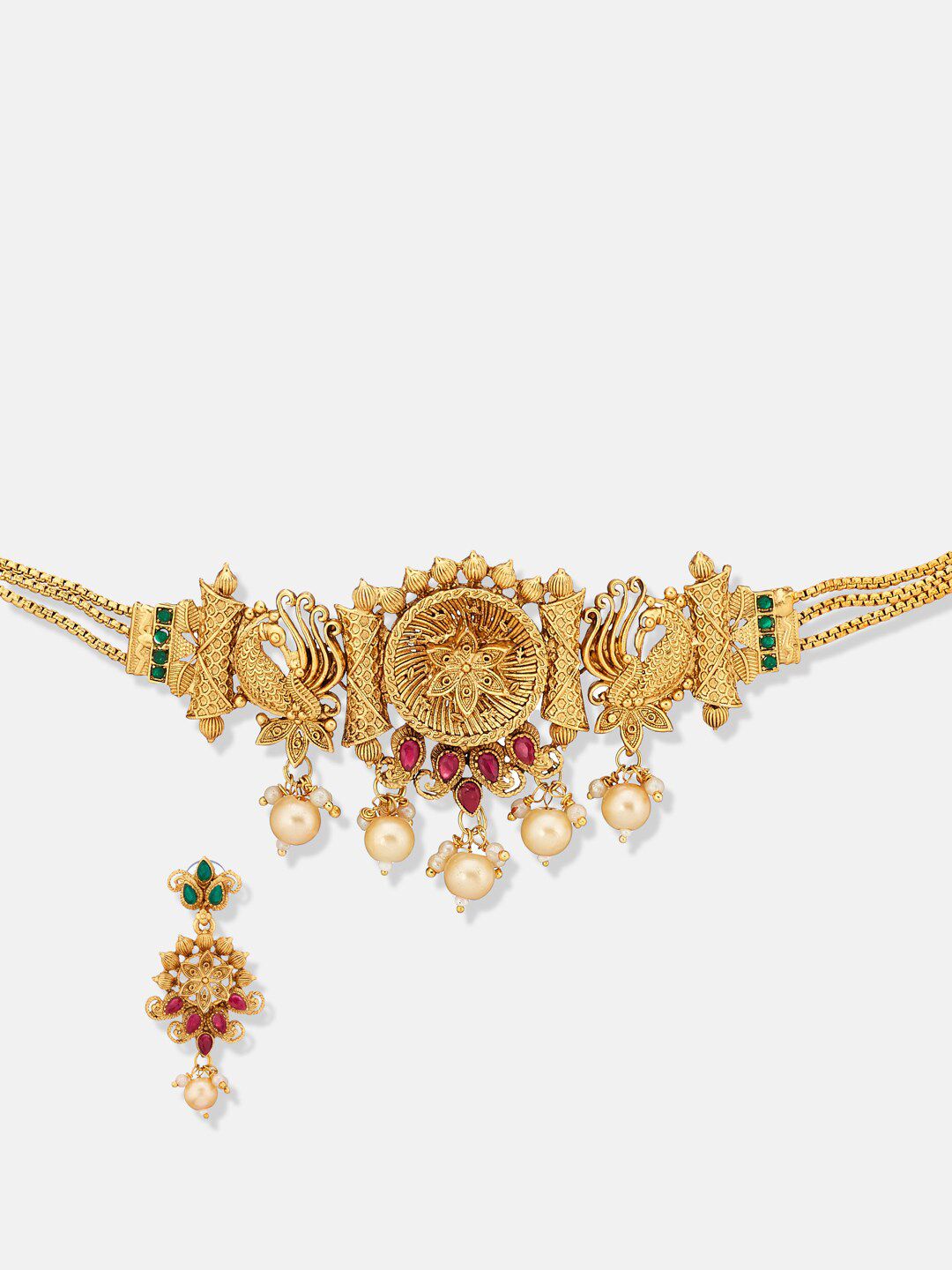 ATIBELLE Gold Plated Stone Studded Bedded Floral-Peacock Shaped Choker Necklace & Earrings