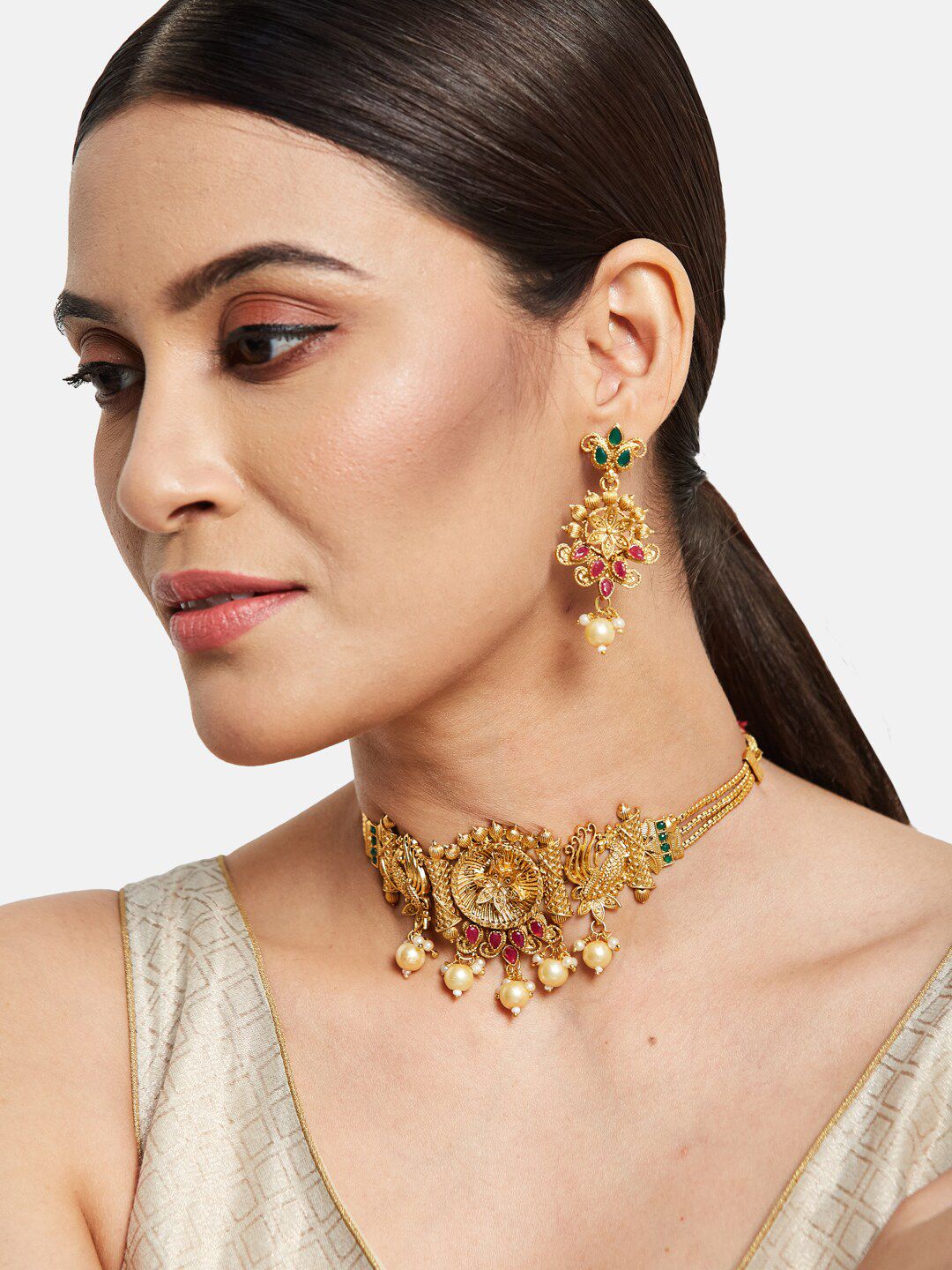ATIBELLE Gold Plated Stone Studded Bedded Floral-Peacock Shaped Choker Necklace & Earrings