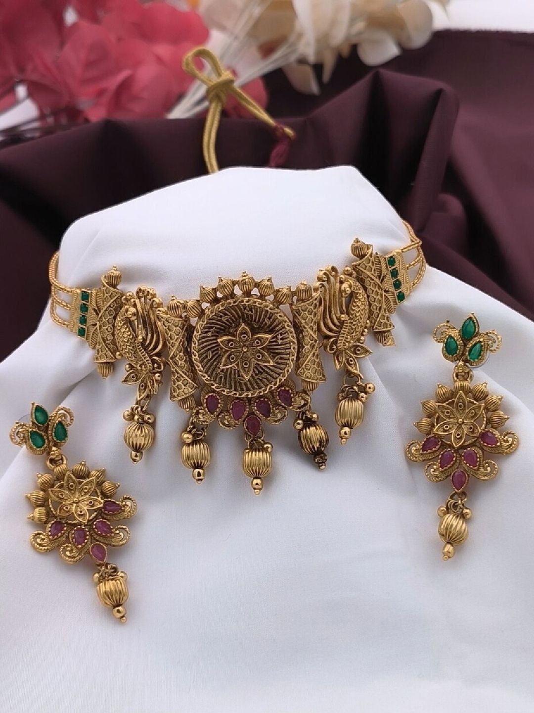ATIBELLE Gold Plated Stone Studded Bedded Floral-Peacock Shaped Choker Necklace & Earrings