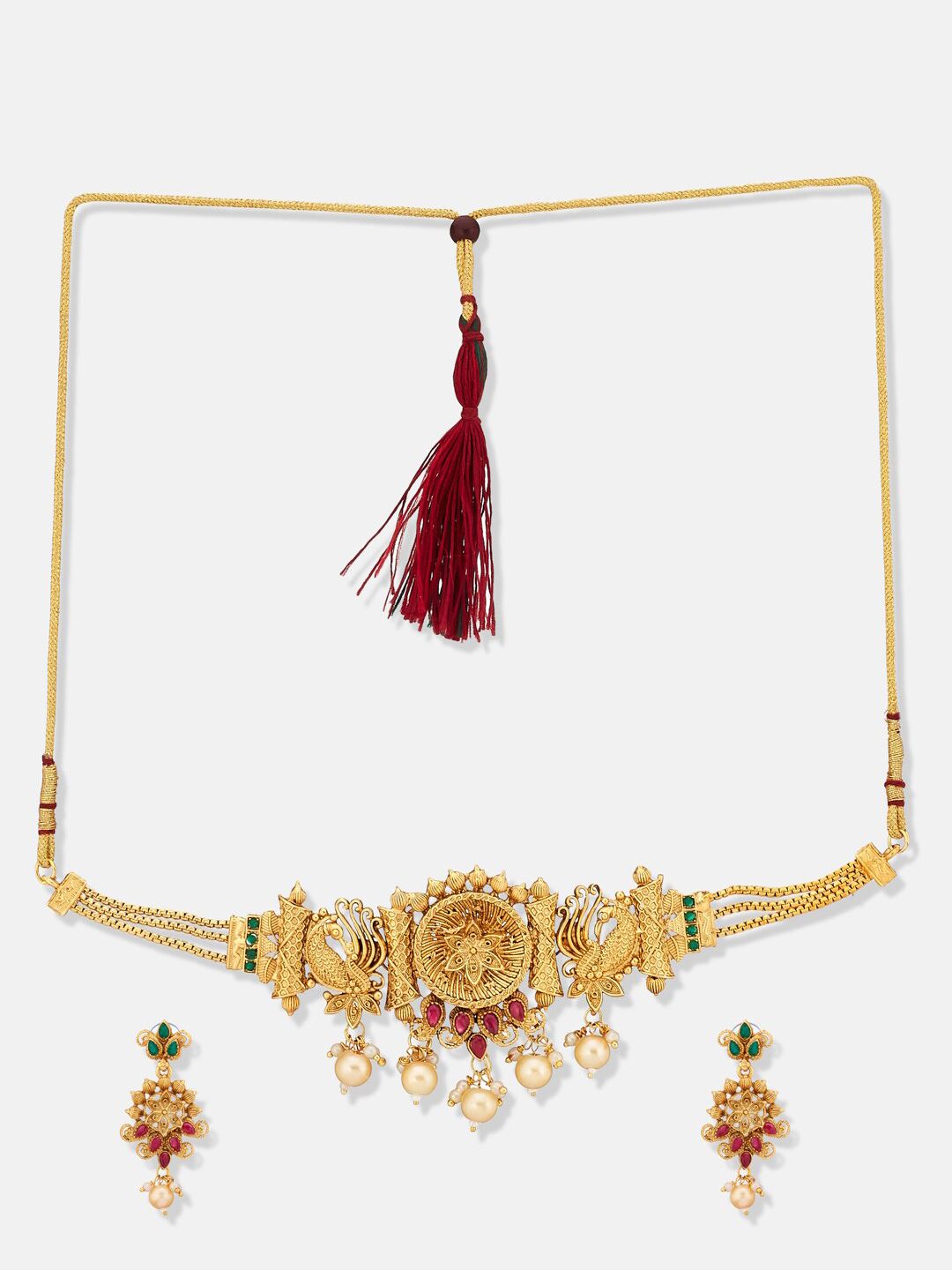 ATIBELLE Gold Plated Stone Studded Bedded Floral-Peacock Shaped Choker Necklace & Earrings