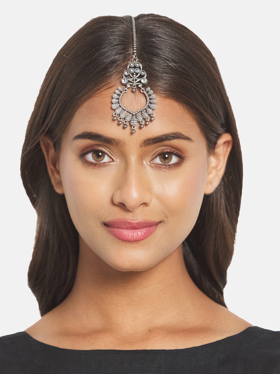 ATIBELLE German Silver-Plated Ghunghroo Studded Maangtikka & Bangles