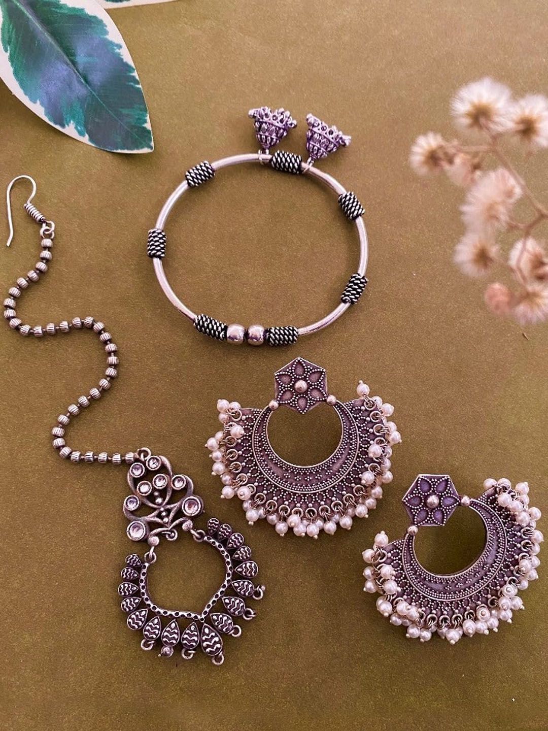 ATIBELLE Set of 3 Silver Plated & Gunghroo Studded Jewellery Set